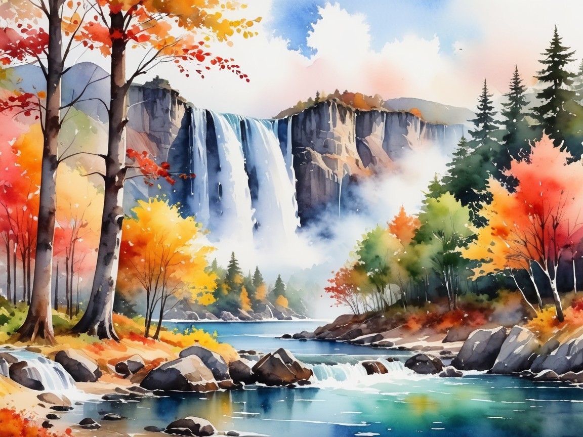 Watercolor Landscape of Waterfall and Autumn Foliage