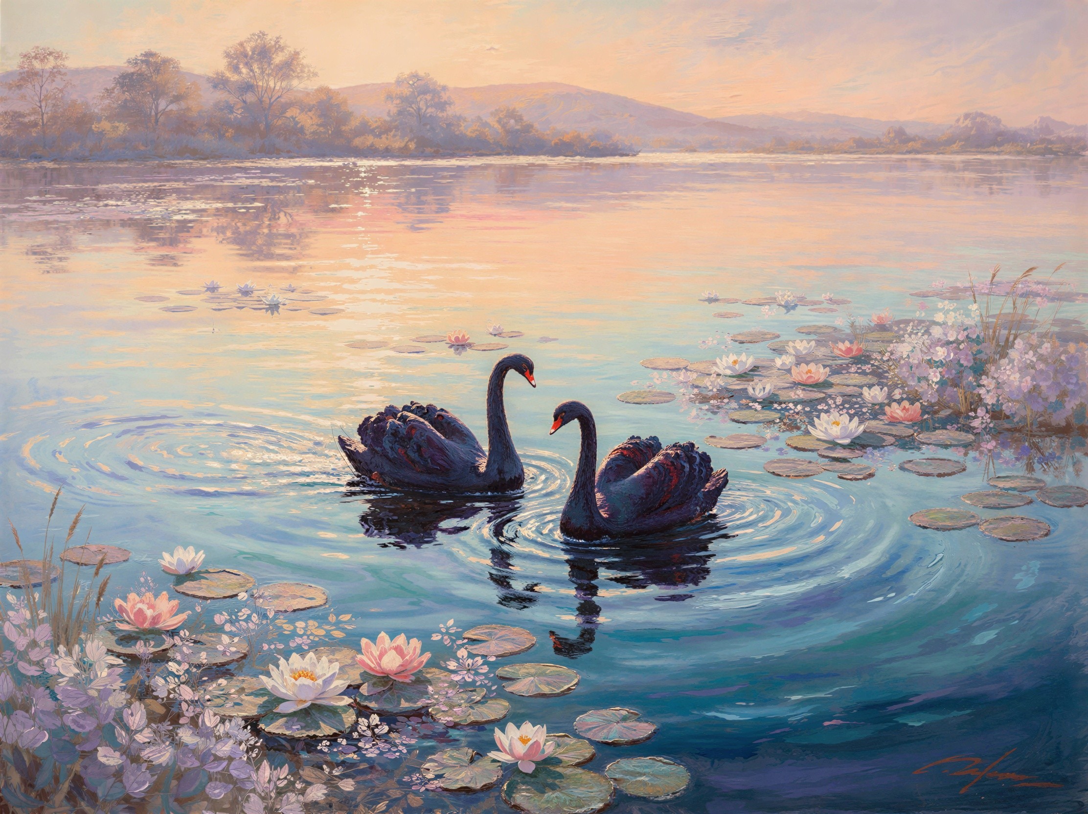Black Swans on a Serene Lake at Sunset