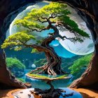 Decorative Artwork with Birds, Tree, and Scenic Landscape