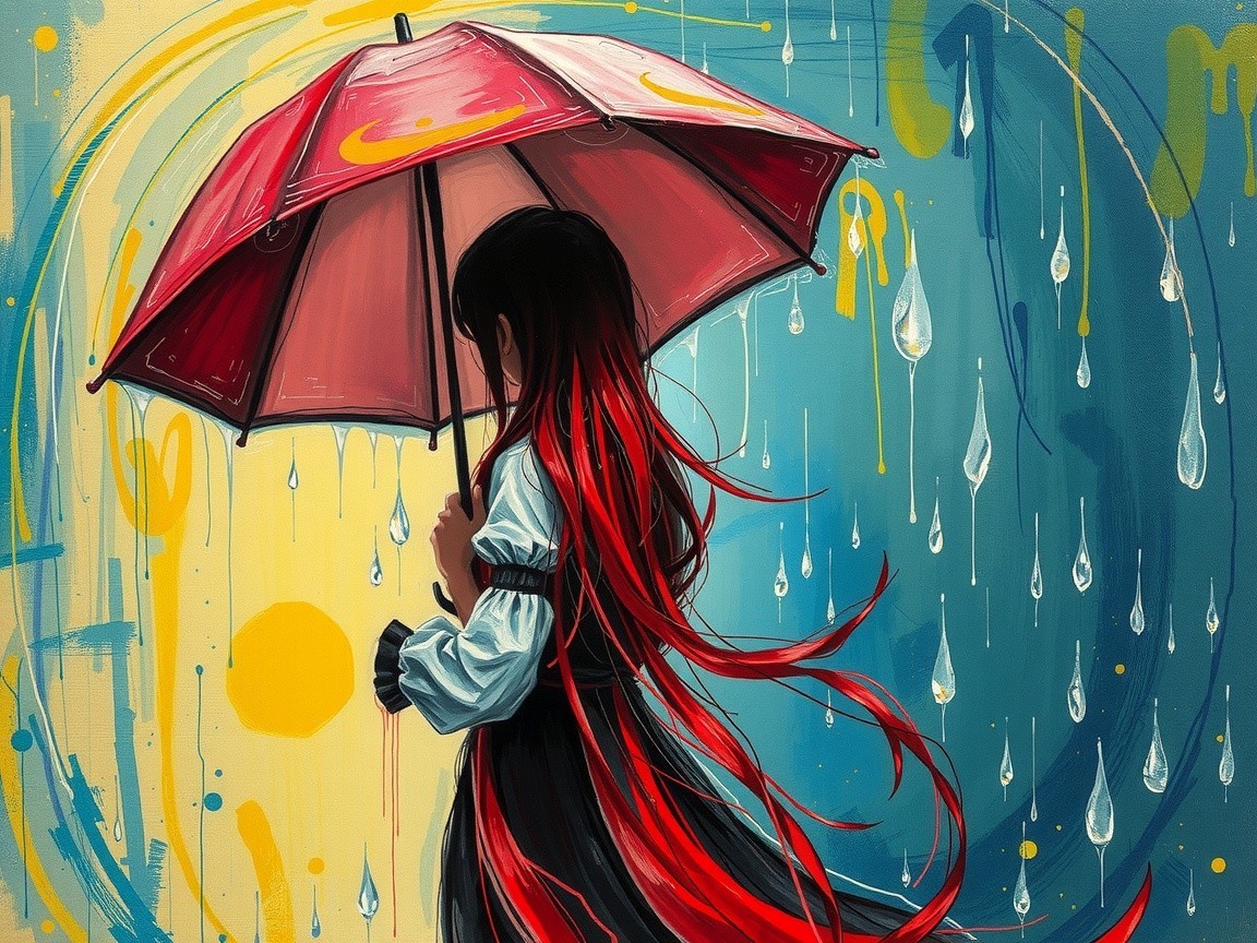 Girl with Red Hair Under Umbrella in Dreamlike Scene