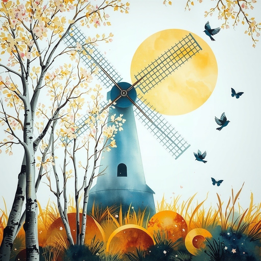 Serene Landscape with Blue Windmill and Autumn Trees