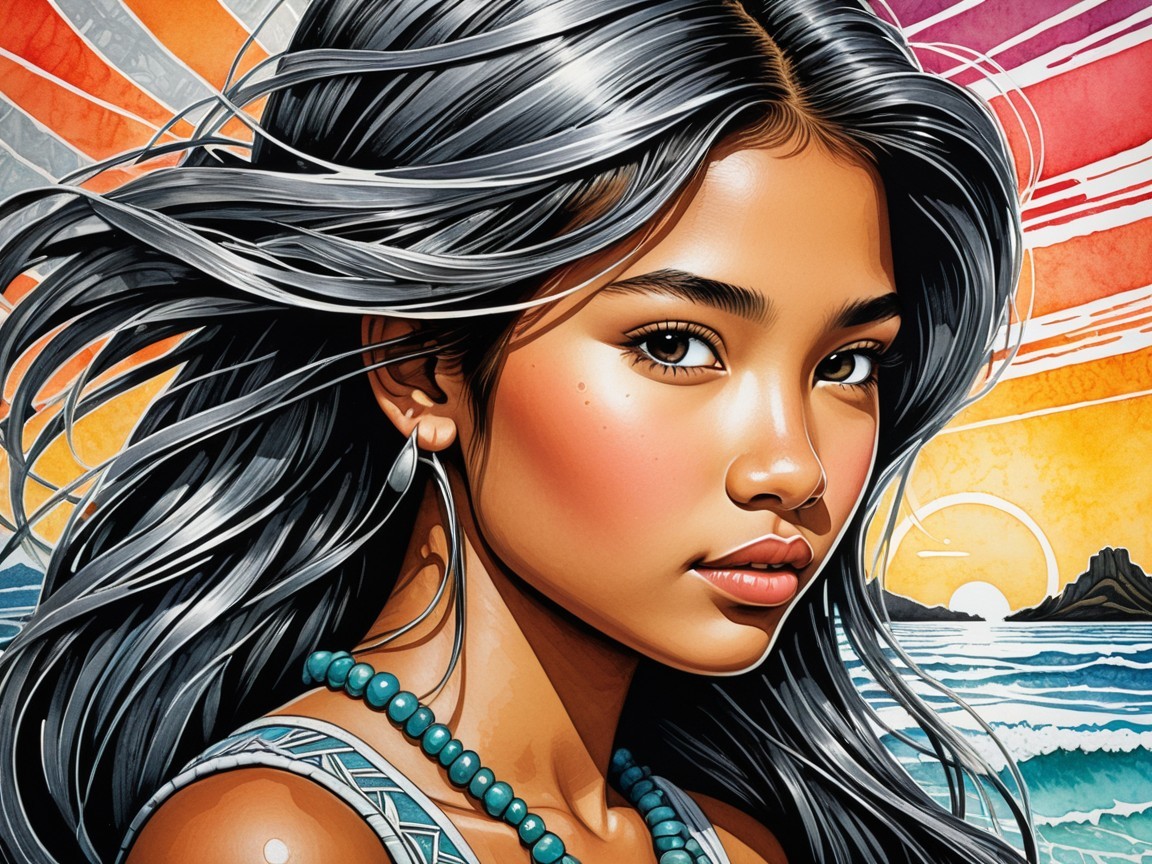 Young Woman with Turquoise Necklace by the Shore