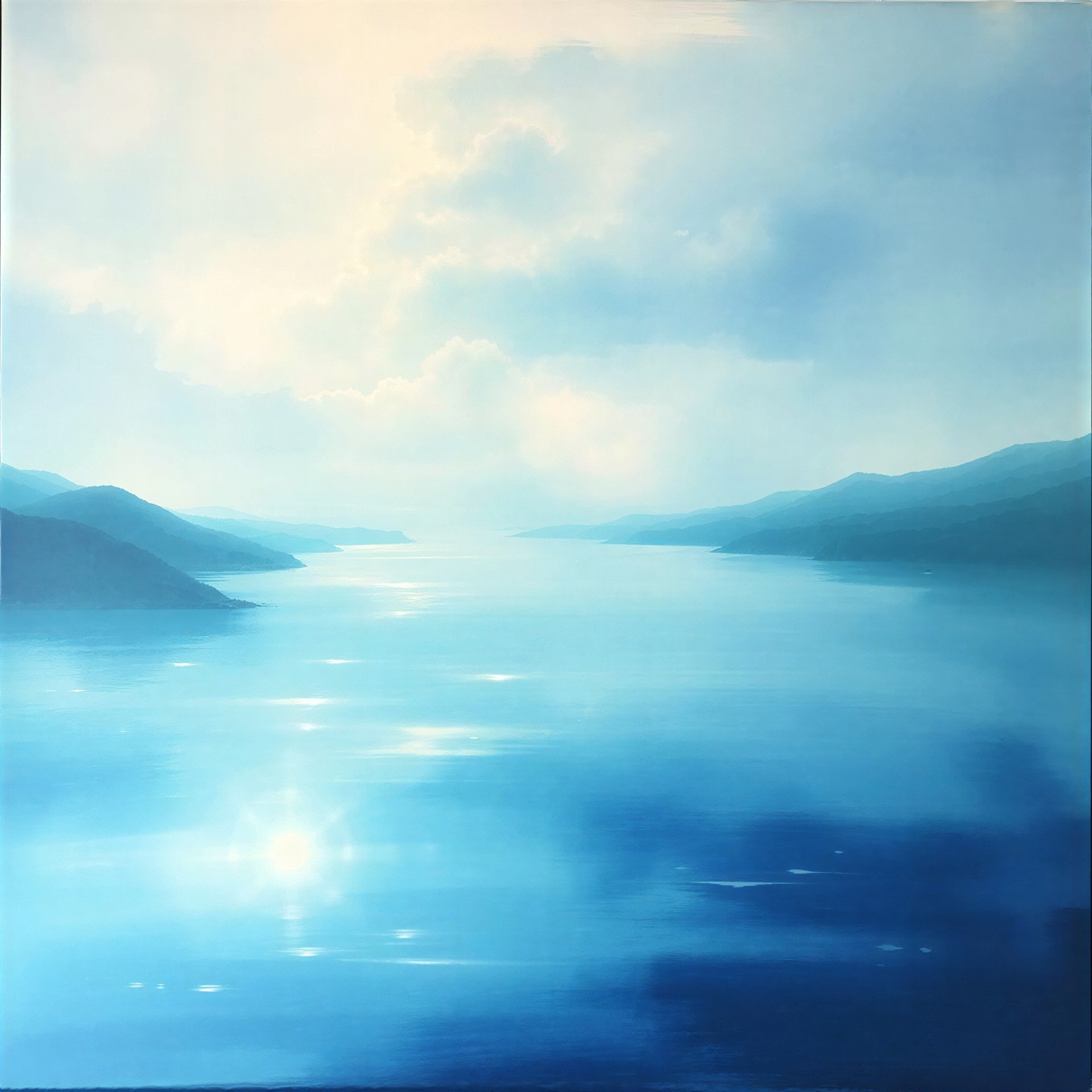 Ethereal Landscape with Water and Rolling Mountains