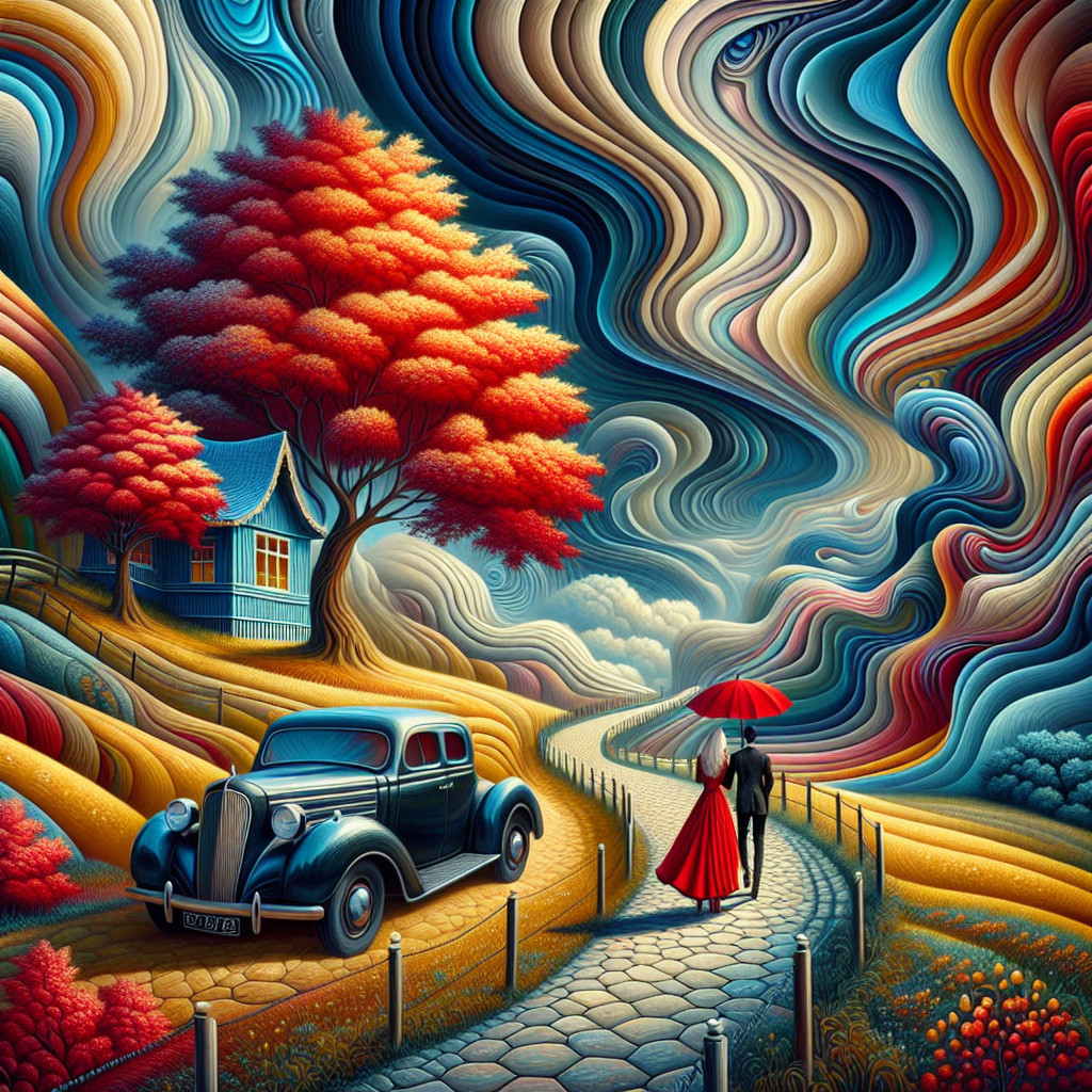 Vibrant Landscape with Winding Path and Abstract Patterns