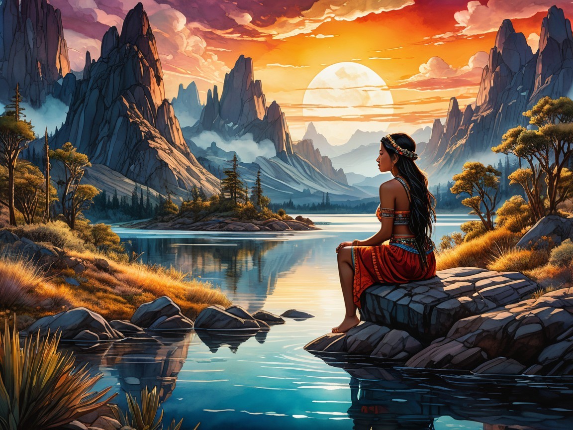 Serene Sunset Landscape with Traditional Attire