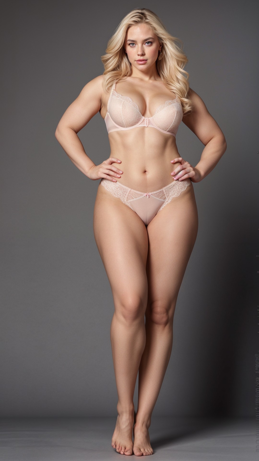 Model in Delicate Floral Lace Lingerie Against Gray Backdrop
