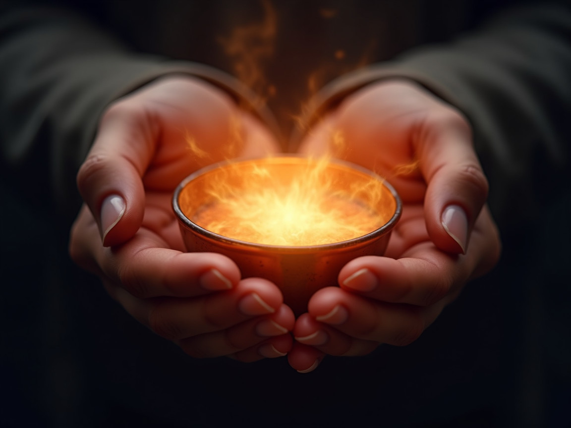 Metallic Bowl with Flames and Smoke in Dim Light