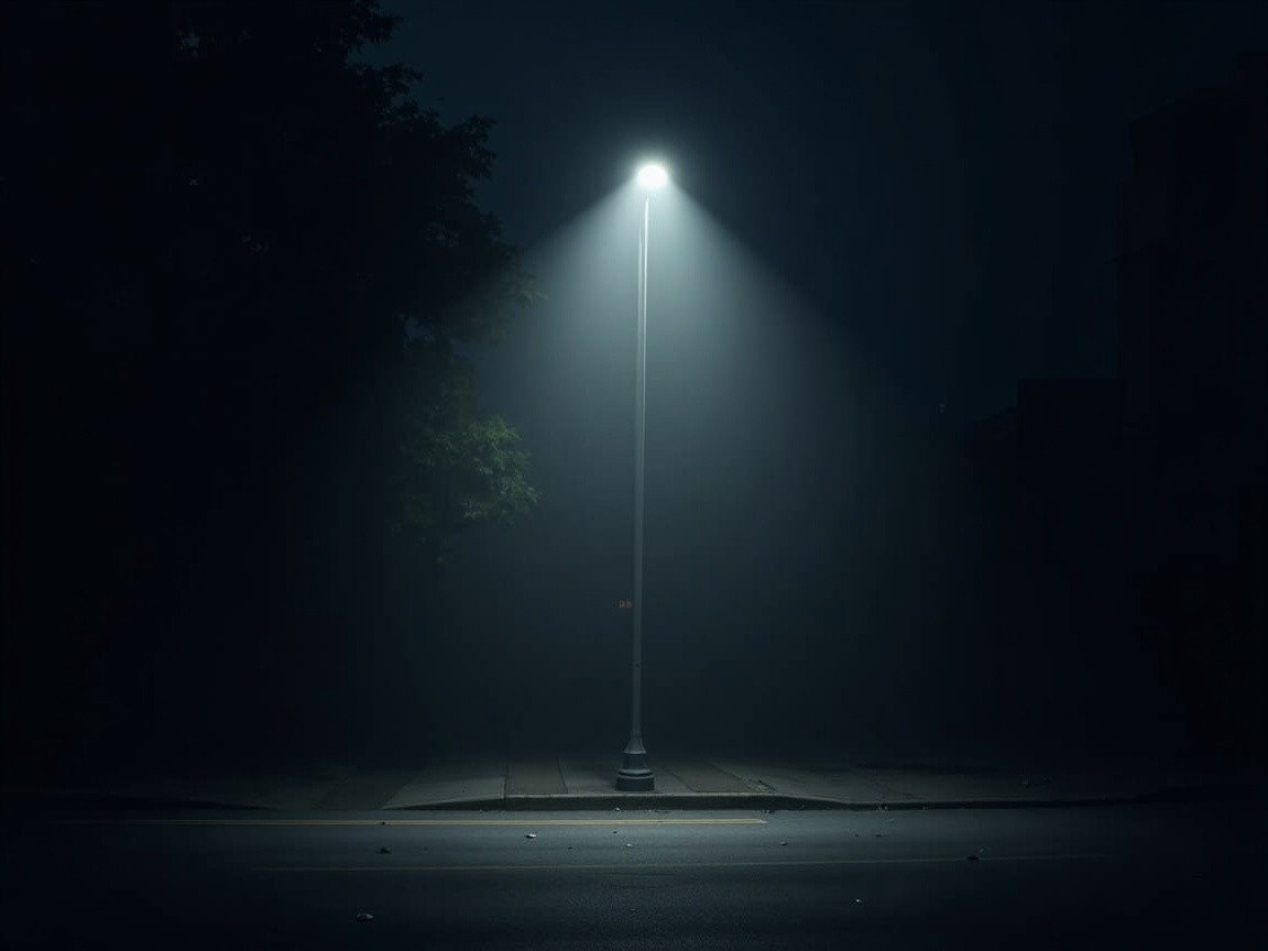 Solitary streetlamp illuminating foggy, empty pavement