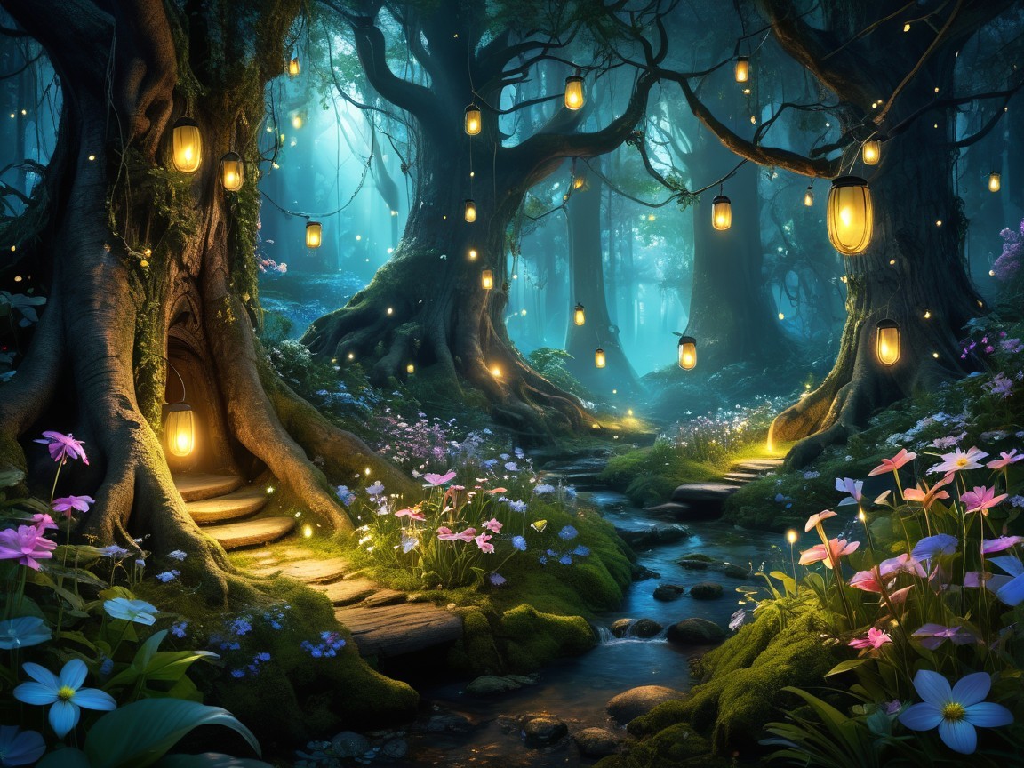 Mystical Forest with Glowing Lanterns and Wildflowers