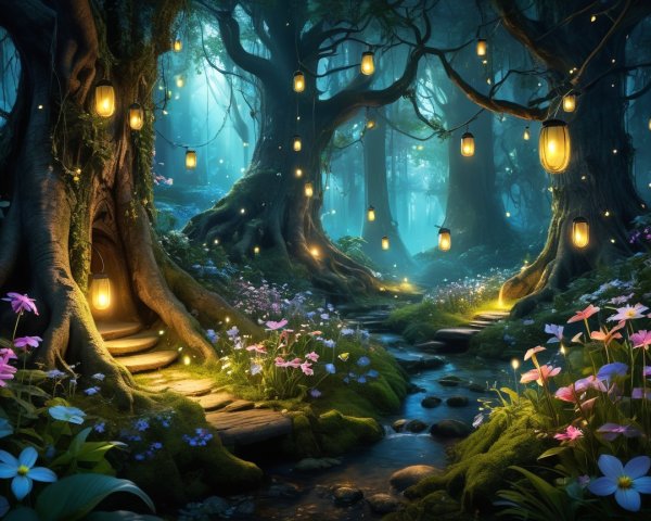 Mystical Forest with Glowing Lanterns and Wildflowers