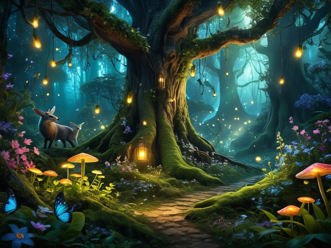 Magical Forest Scene with Vibrant Flora and Glow