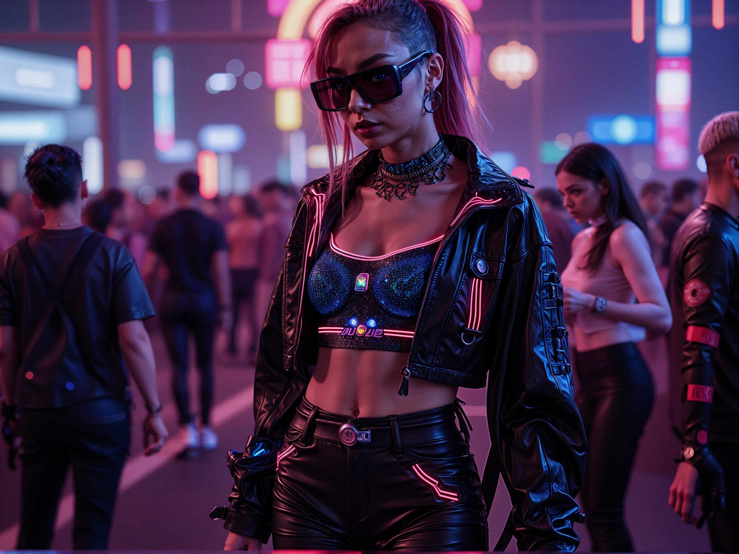 Stylish Woman in Vibrant Futuristic Nightclub Scene