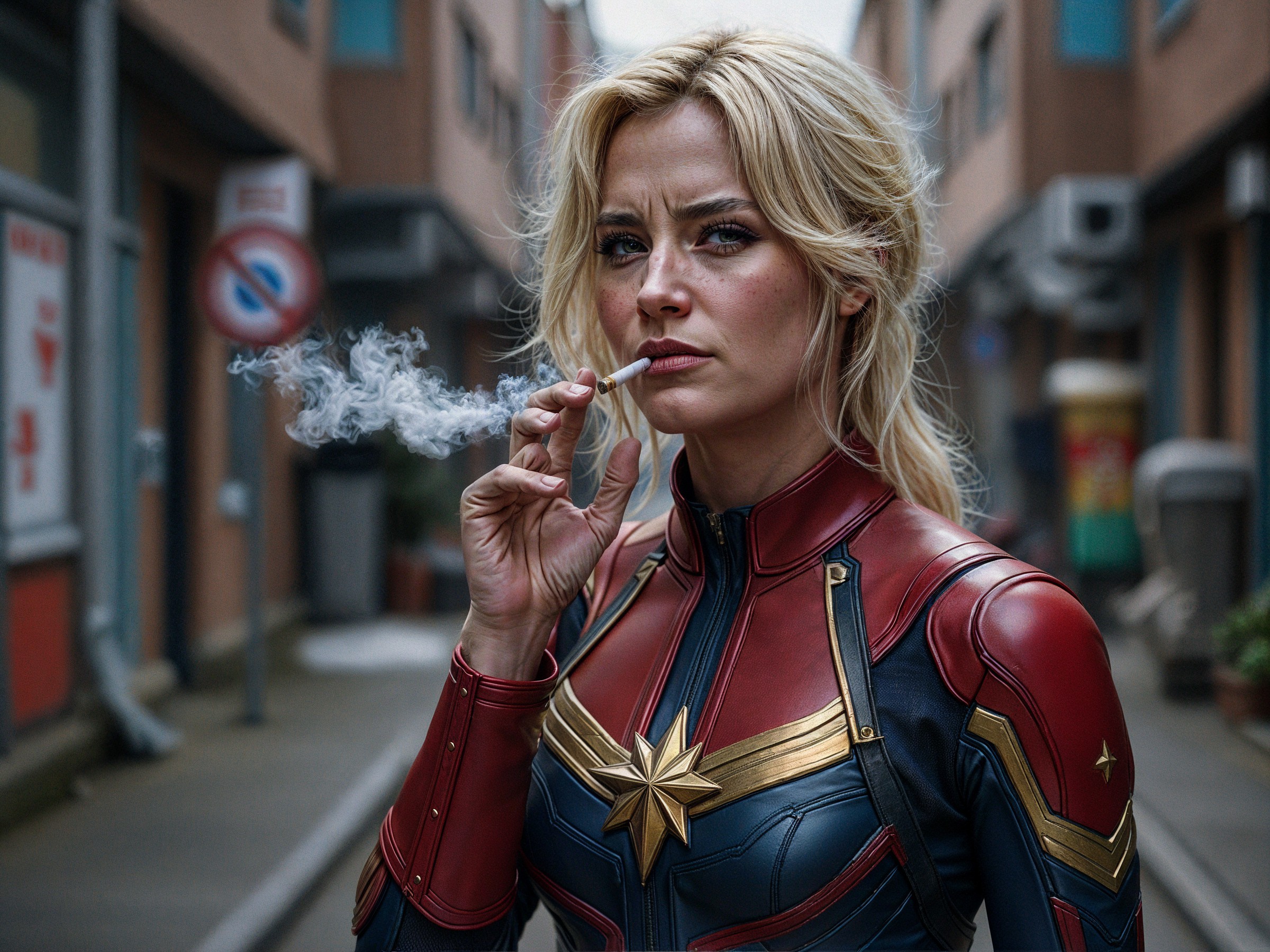 Superhero in Vibrant Costume in Urban Street Scene