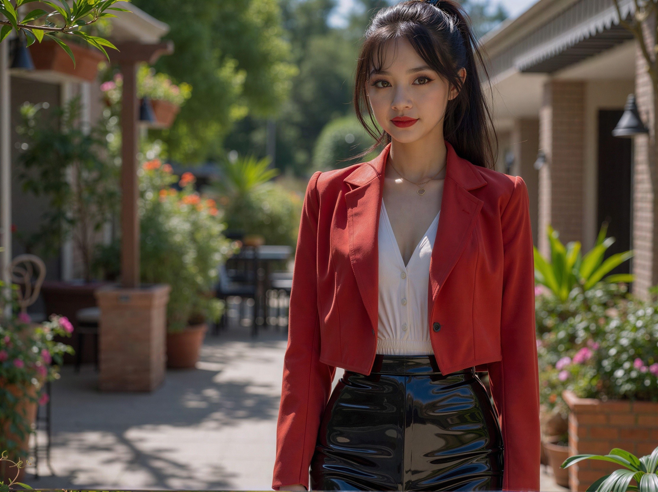 Young woman in stylish outfit in sunny garden setting