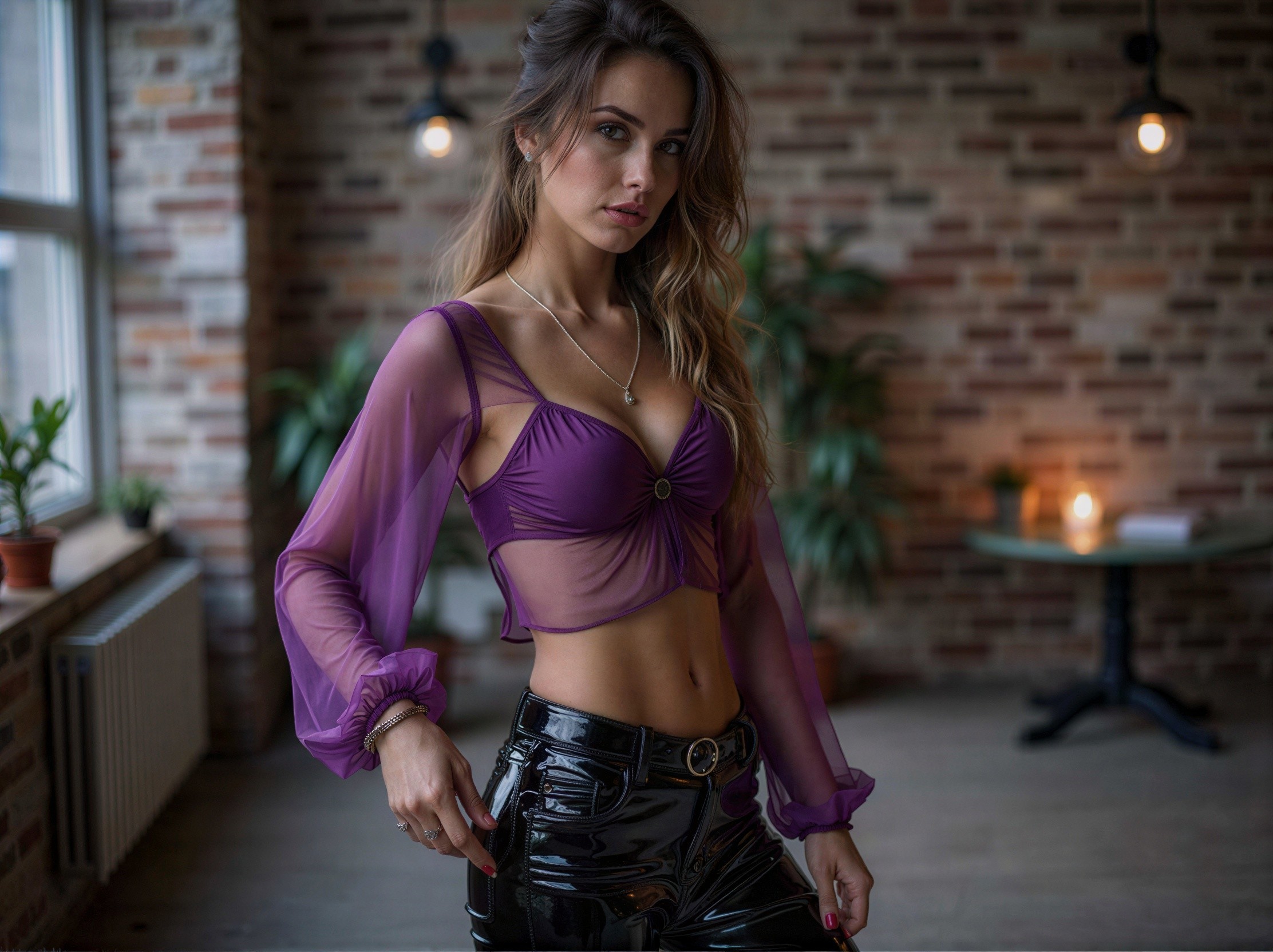 Woman in Loft Apartment with Sheer Purple Top and Leather Pants