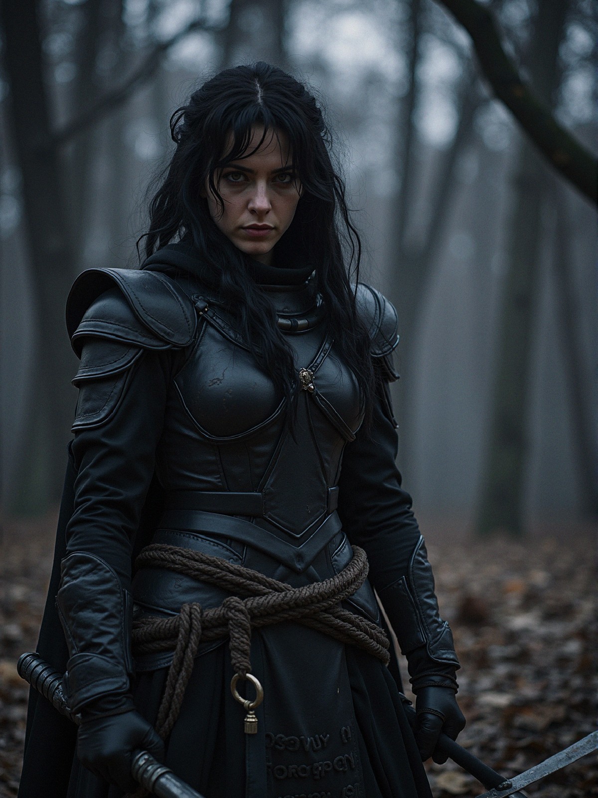 Warrior in Dark Armor Stands in Misty Forest