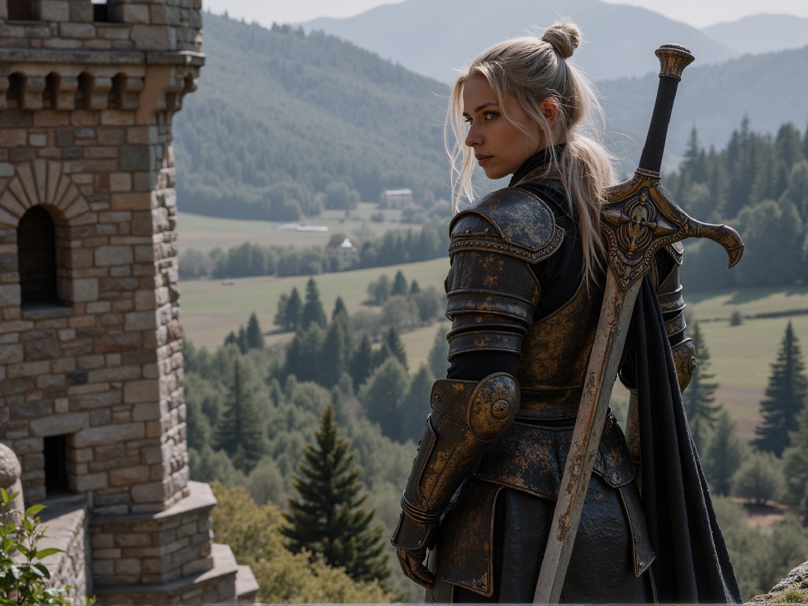 Warrior on Castle Edge Overlooking Serene Valley