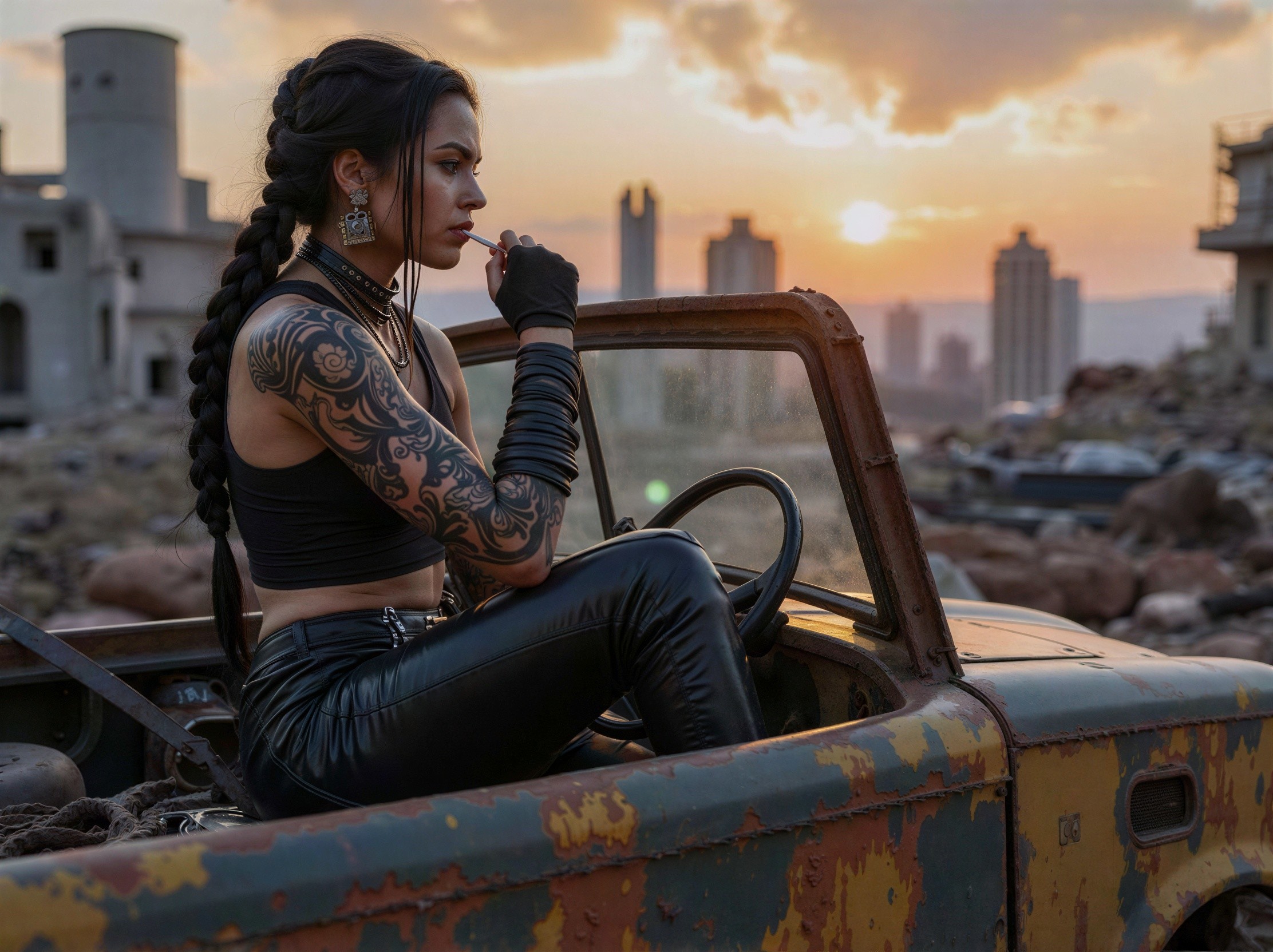 Woman in a rusty car amidst an abandoned landscape
