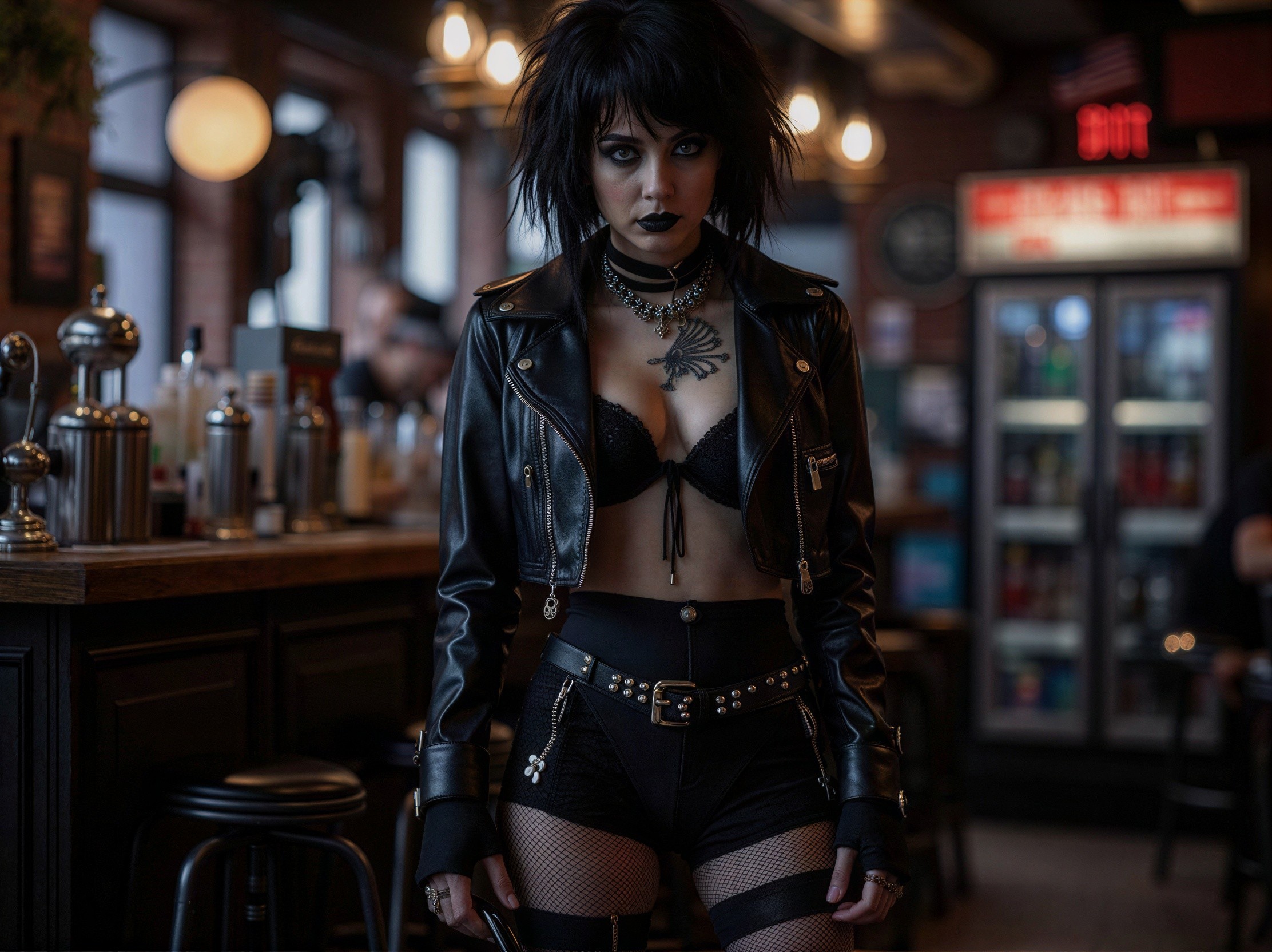 Young woman in cropped leather outfit at a bar