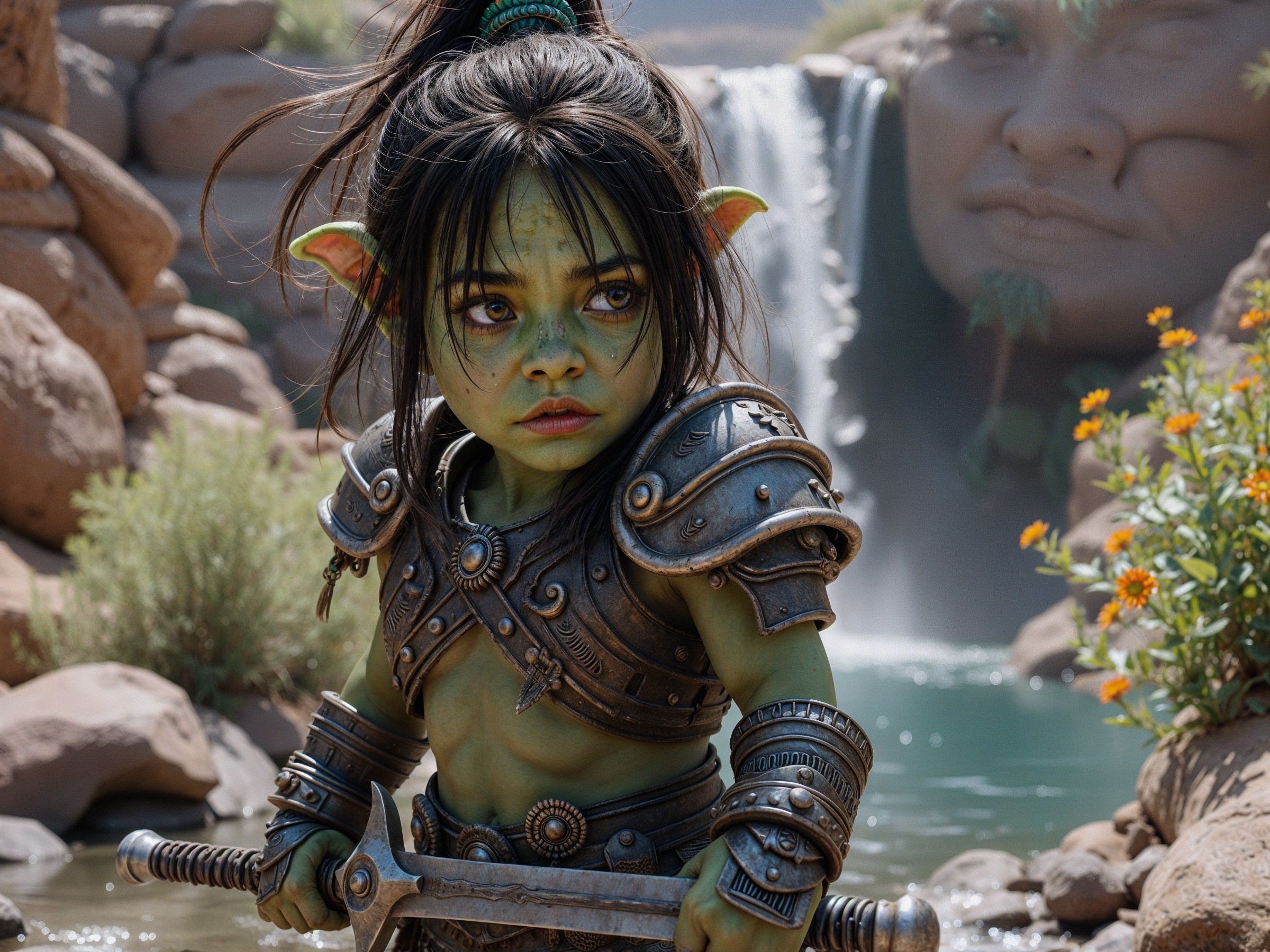 Young Green-Skinned Character by Waterfall in Armor