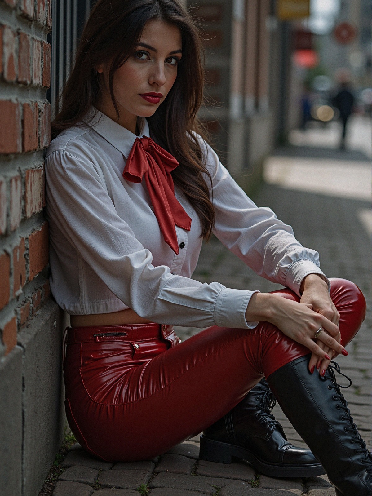 Young woman in white blouse and red leather pants