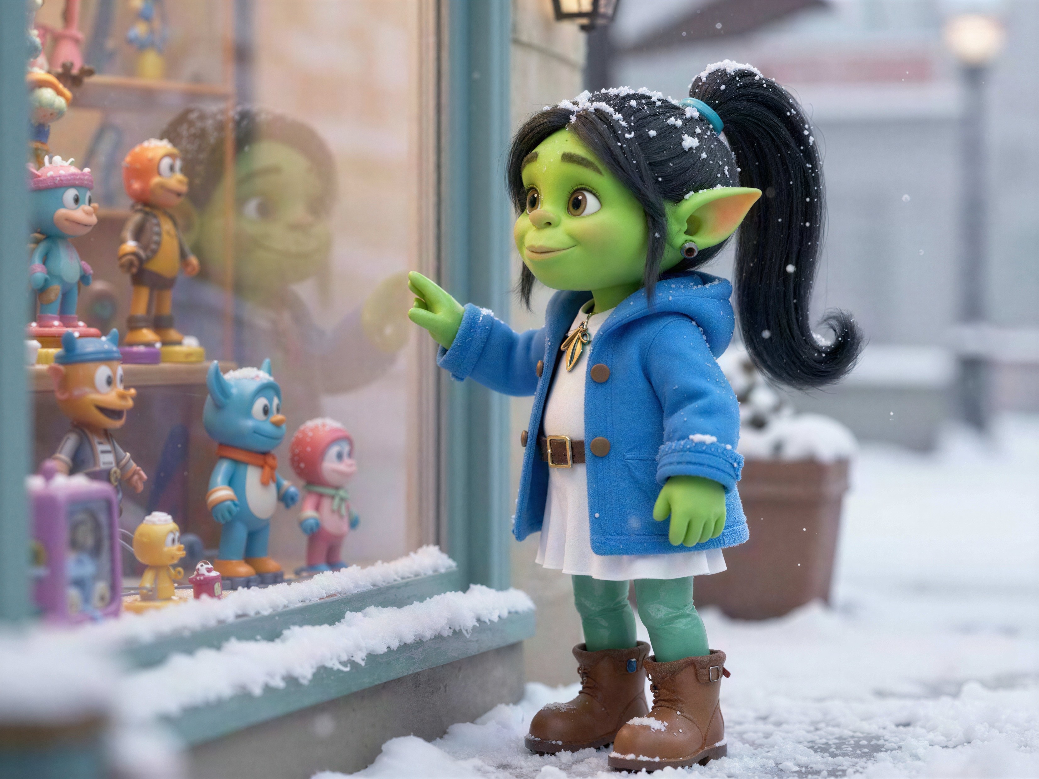 Green-Skinned Creature in Winter Toy Store Setting