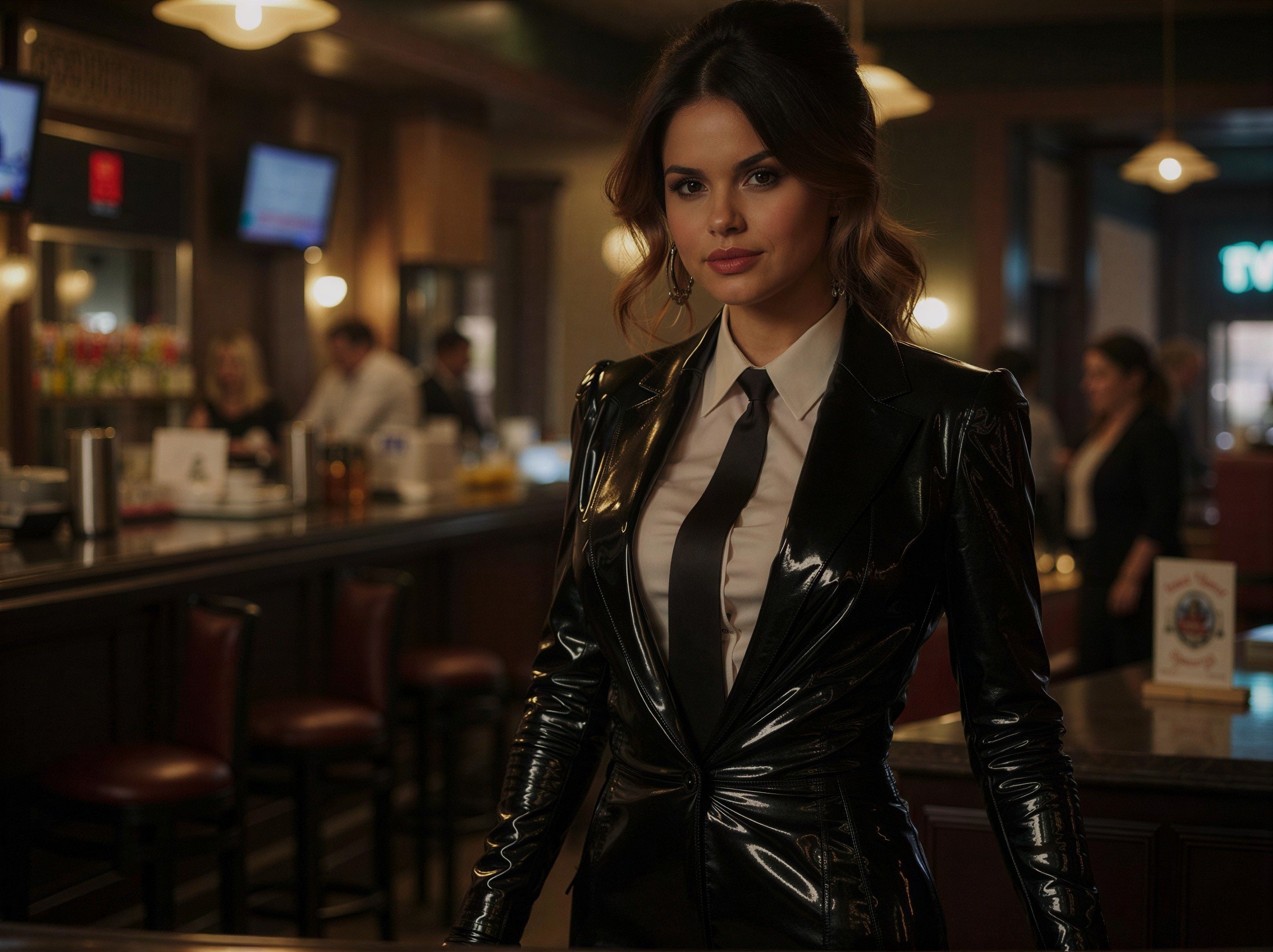Woman in Black Latex Blazer at Dimly Lit Bar