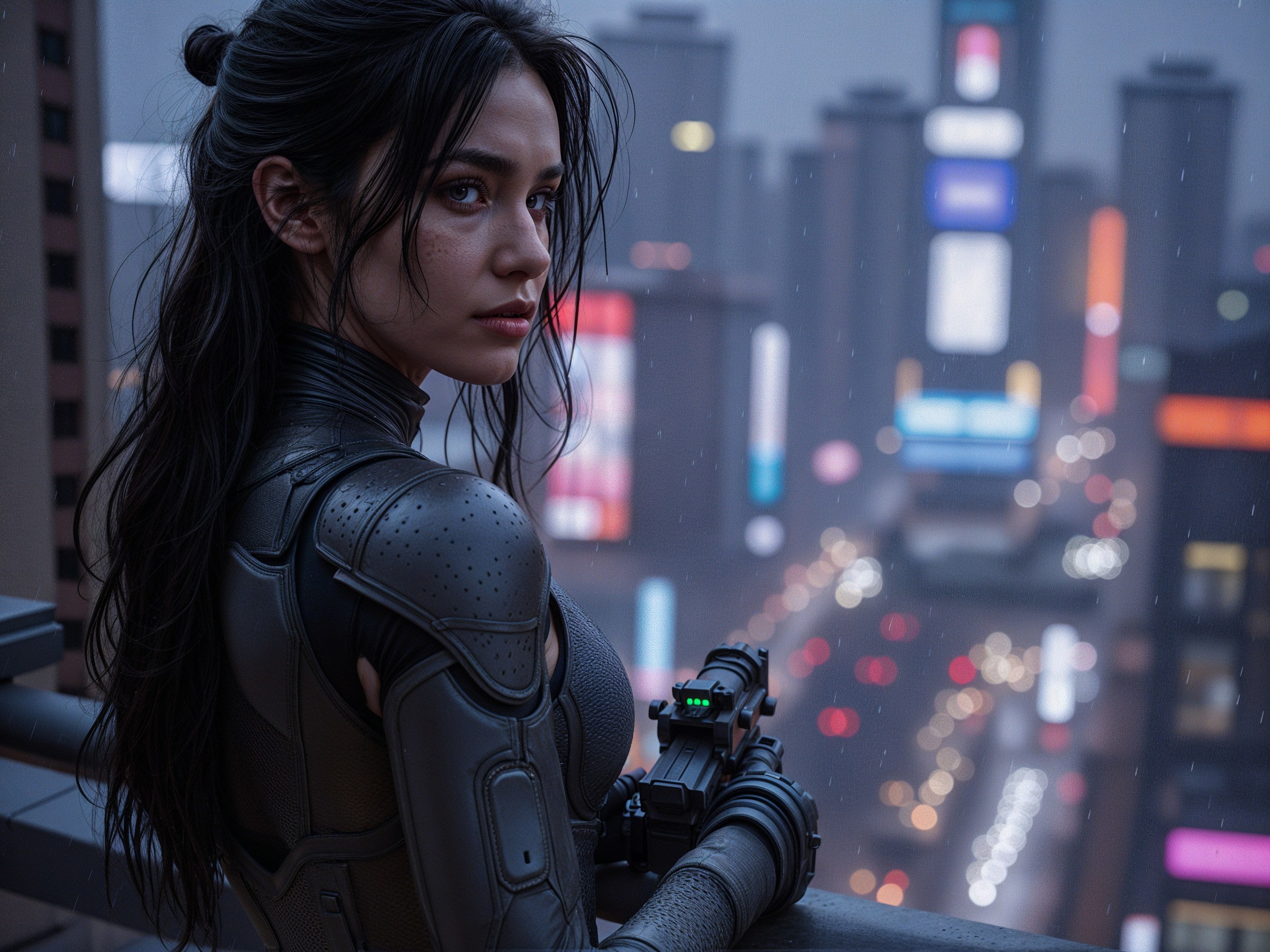 Futuristic Rooftop Scene with Woman in High-Tech Armor