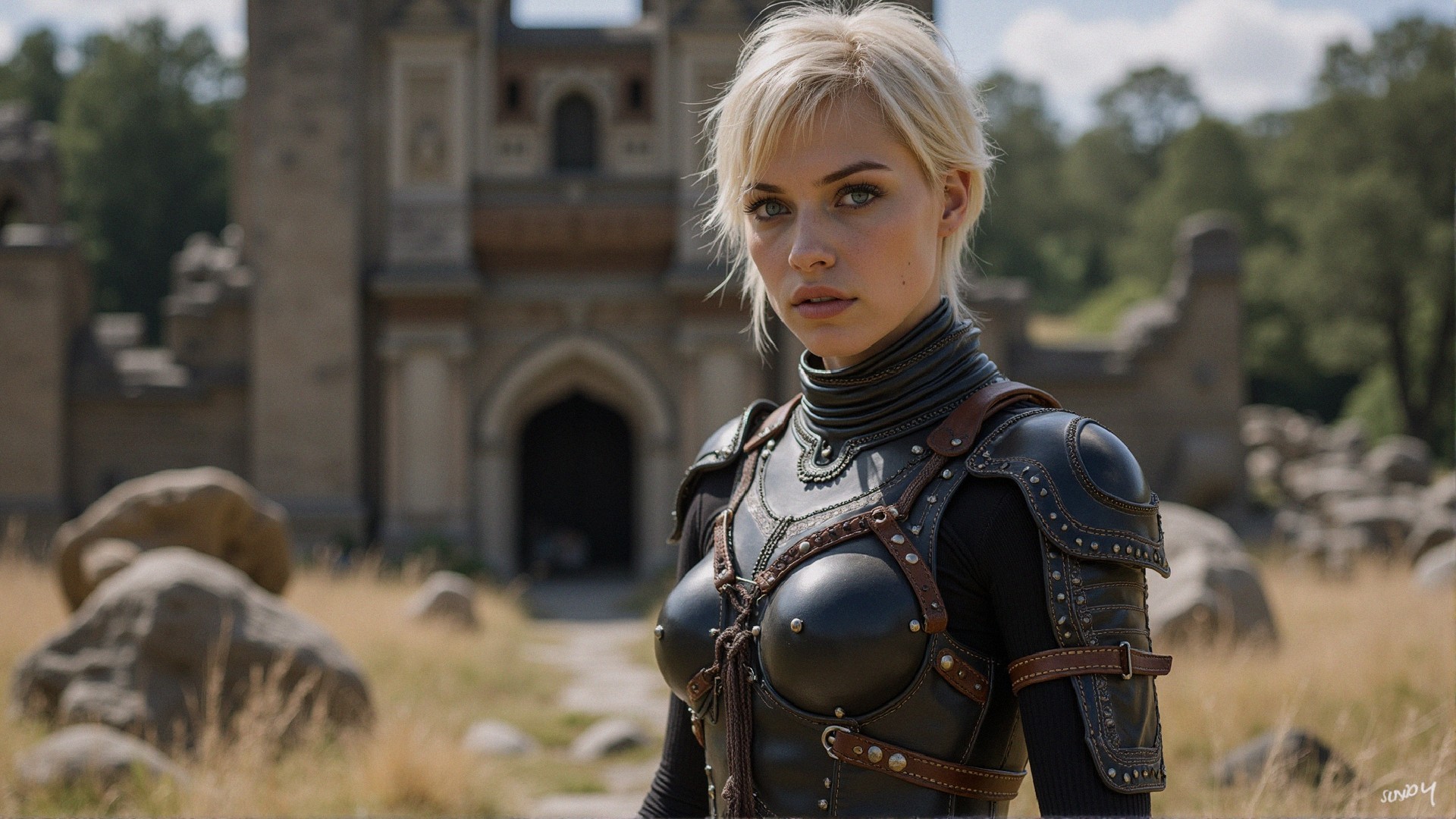 Young Woman in Intricate Armor in Fantasy Landscape
