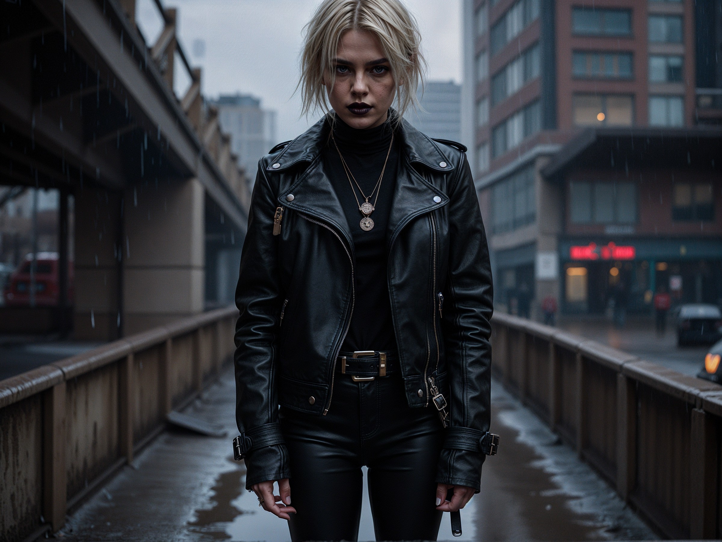 Stylish Individual in Black Leather on Urban Walkway