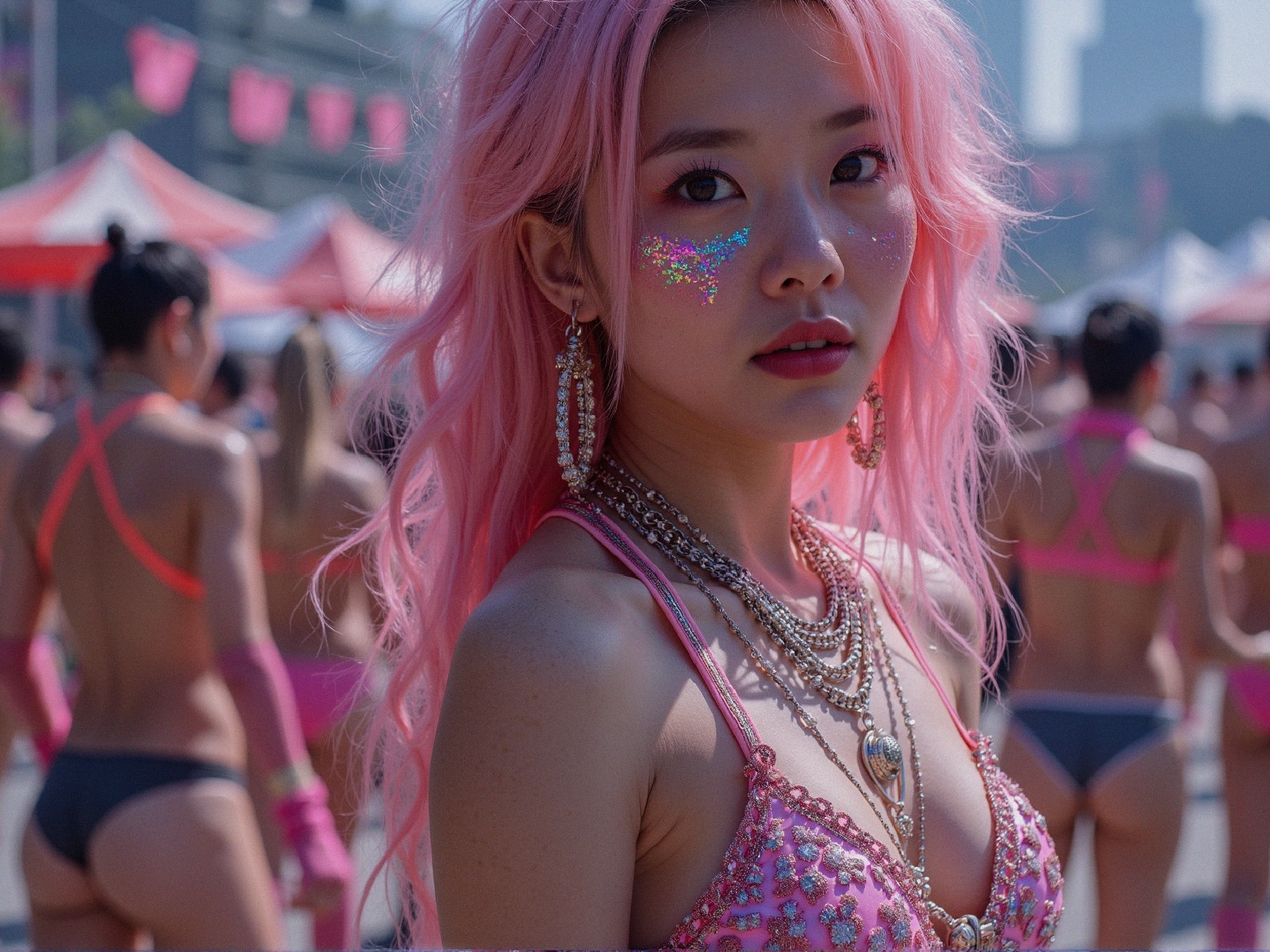 Young Woman with Pink Hair at Colorful Festival