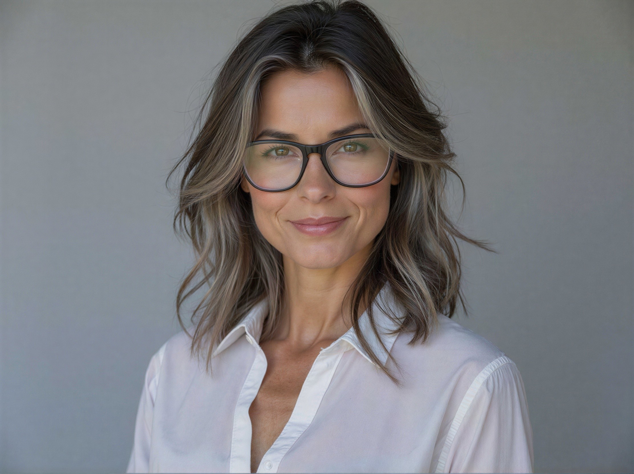 Smiling Young Woman with Wavy Hair and Eyeglasses
