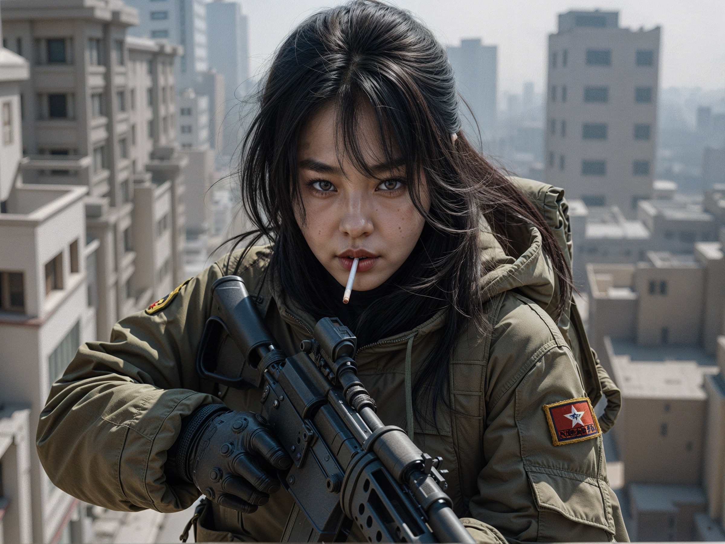 Young Woman in Military Jacket Over Cityscape