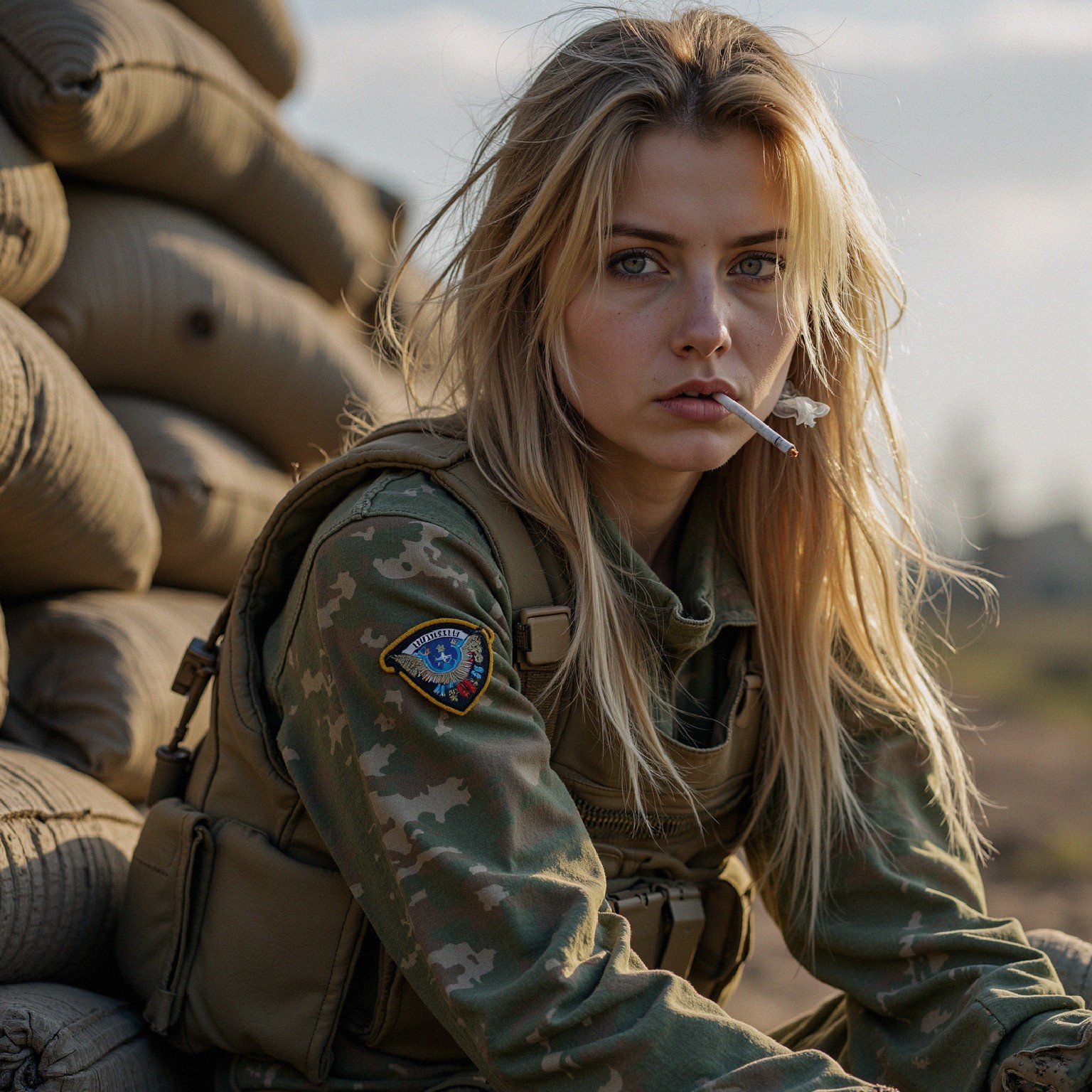 Young Woman in Military Attire with Sandbag Backdrop