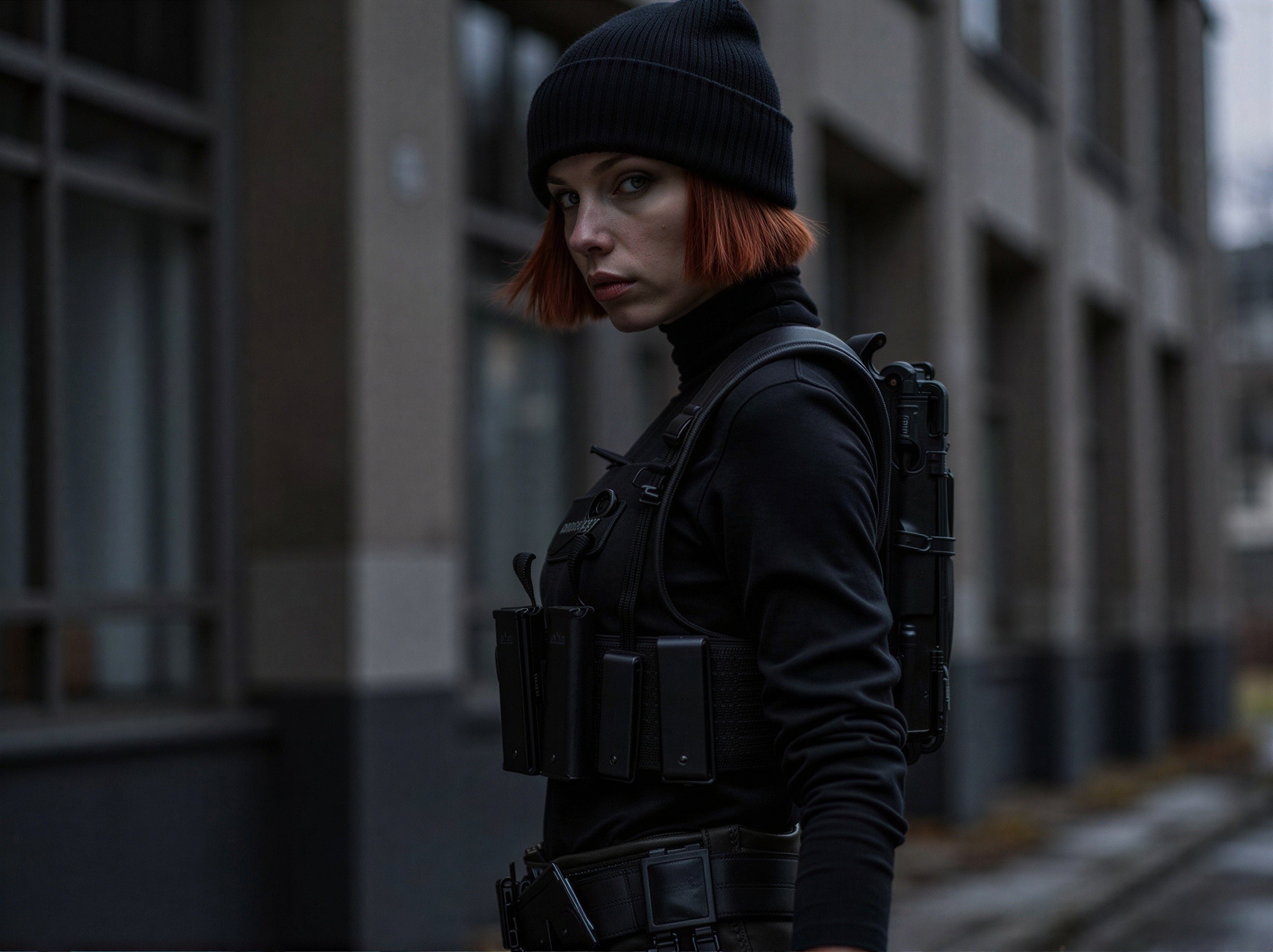 Medium Close-Up of Woman as Black Widow in Dark Setting