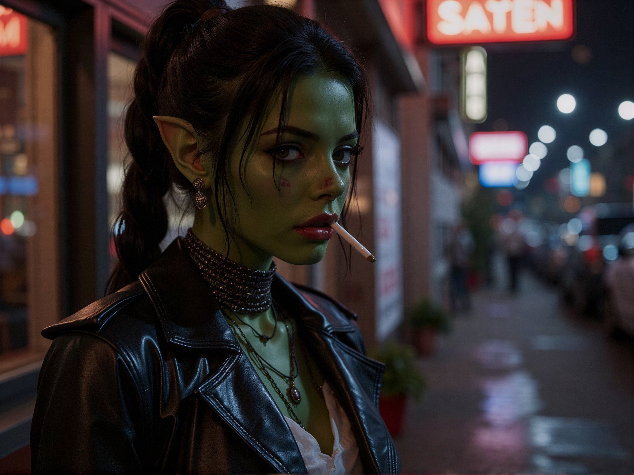 Punk Green-Skinned Female Orc in City at Night