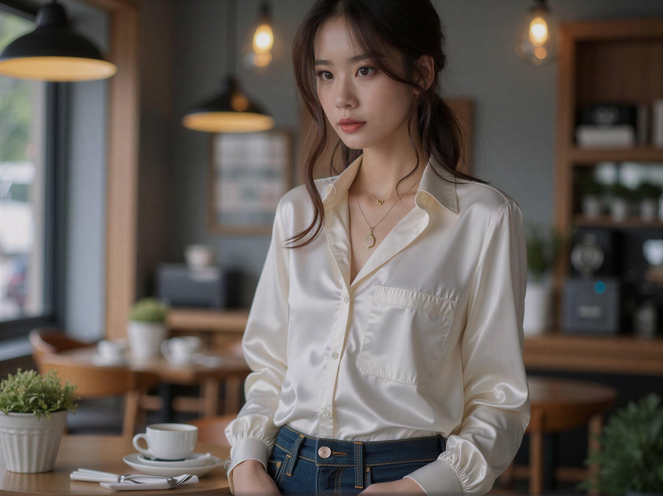 Young woman in cafe with silk shirt and jeans
