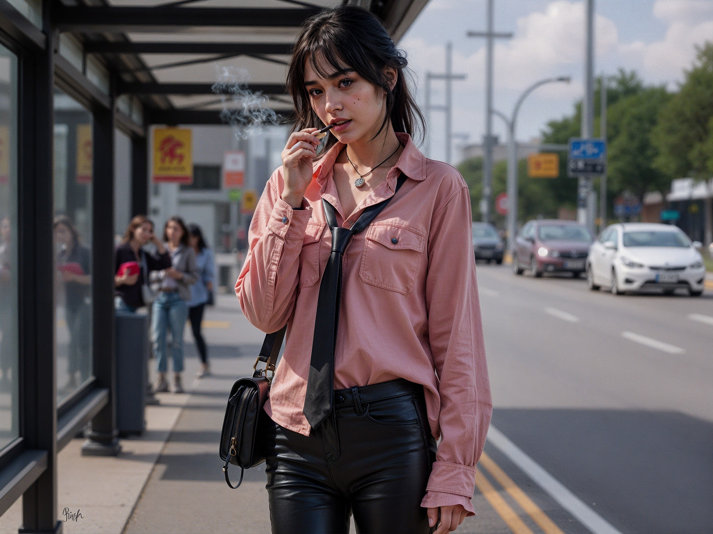 Young woman at bus stop in casual attire with cigarette