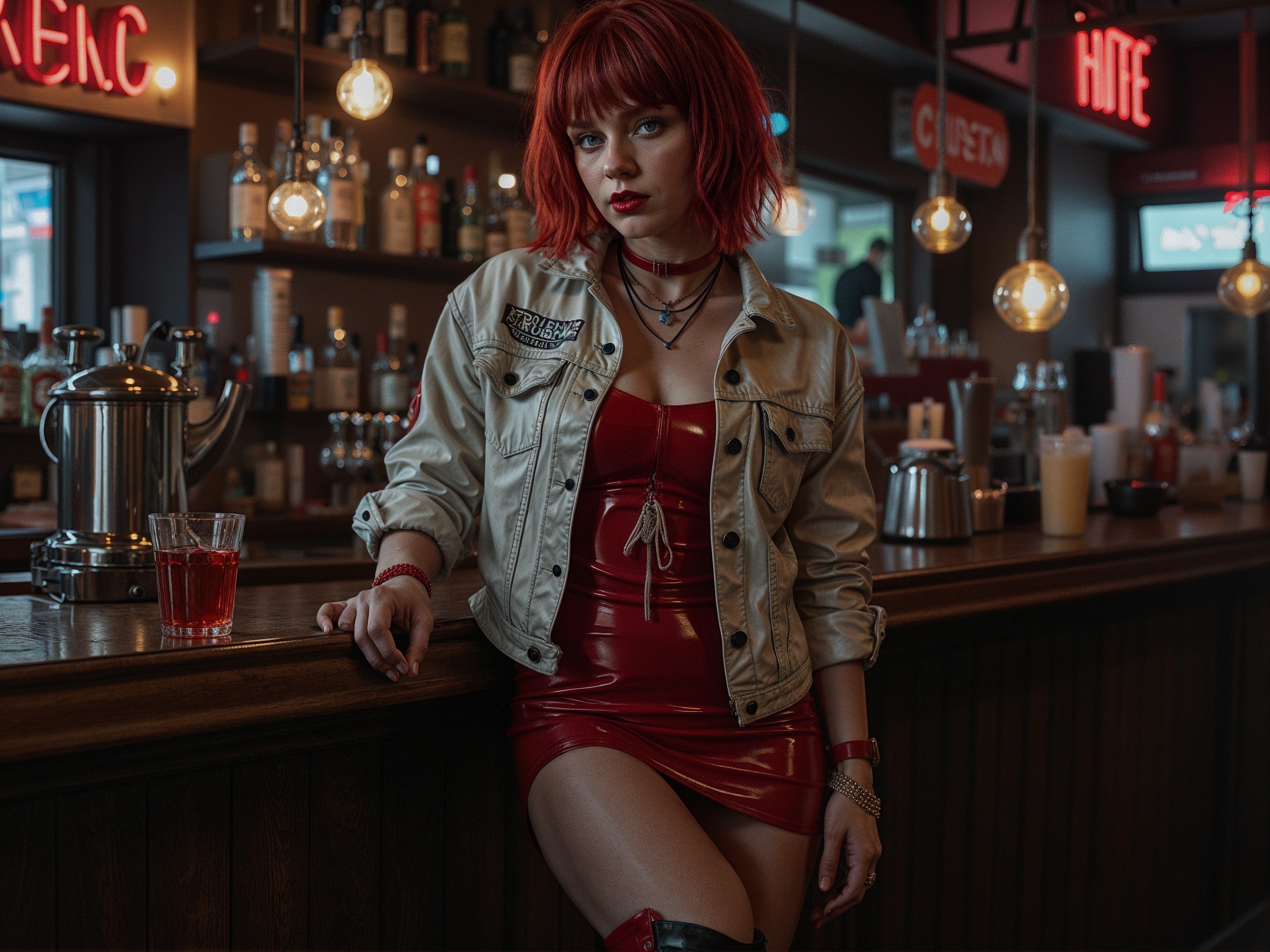 Confident Woman in Red Dress at Lively Bar Scene