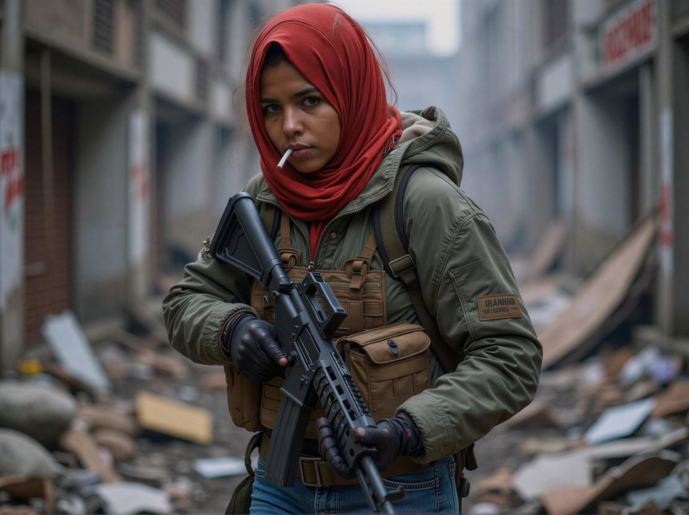 Brown-skinned woman in red hijab with assault rifle