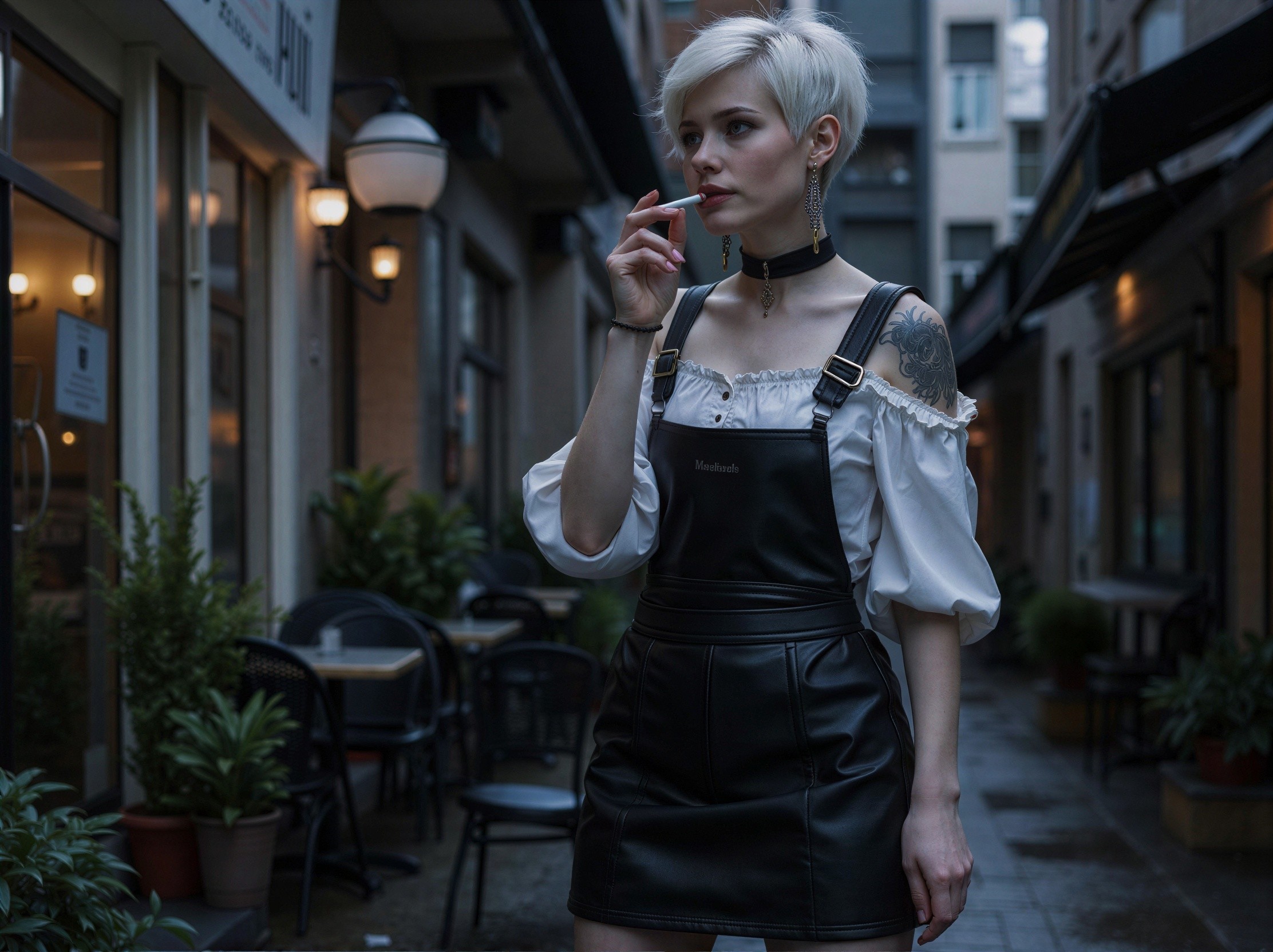 Young woman in alleyway with platinum blonde hair