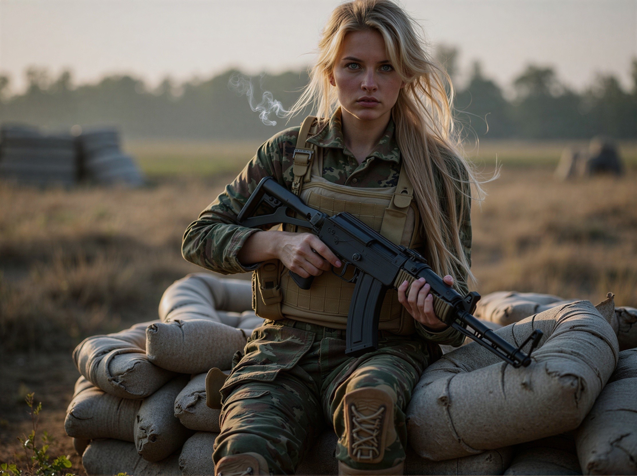 Young Woman in Camouflage Attire on Sandbags