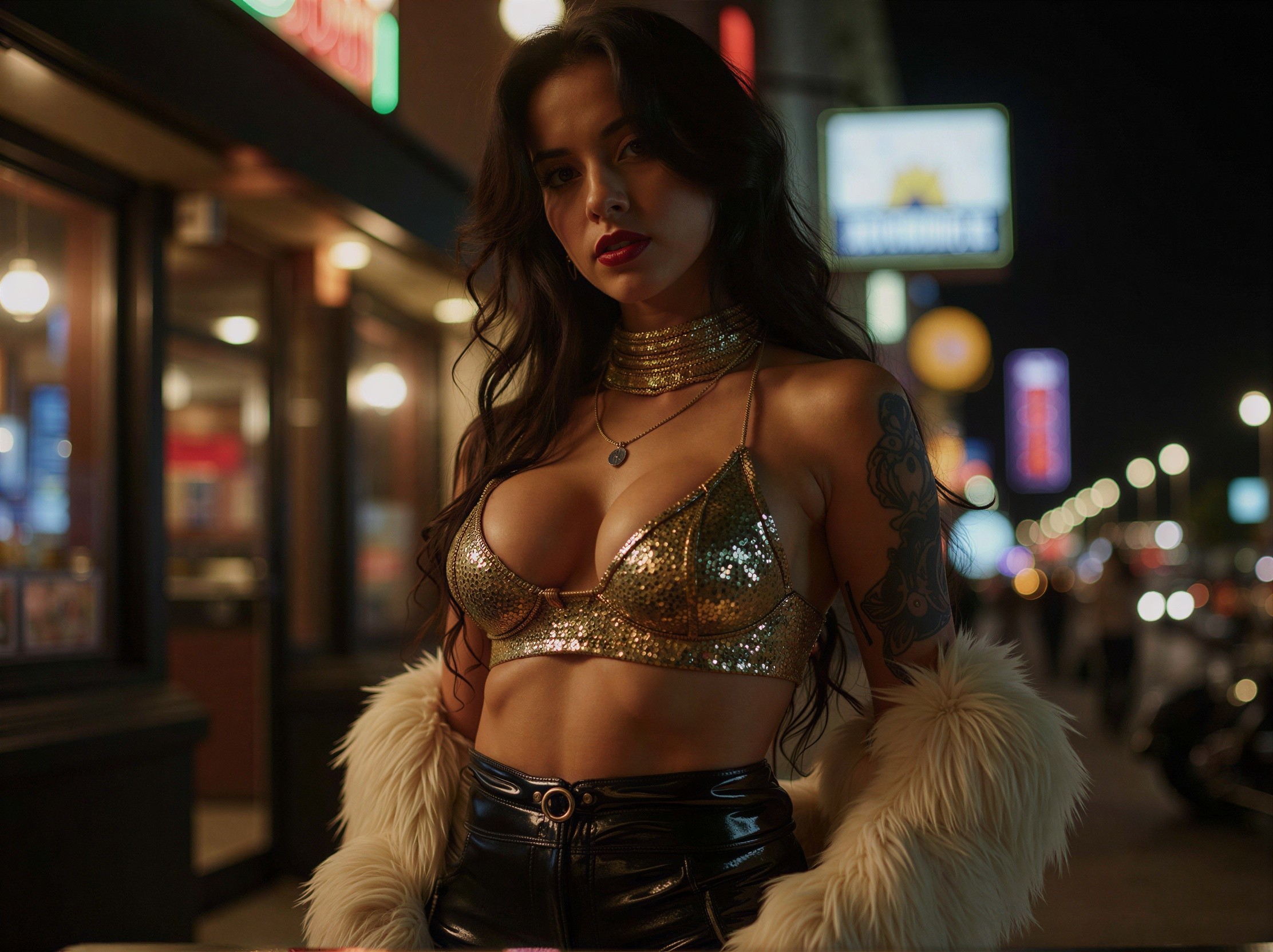 Close-up of a young woman in a fur coat at night