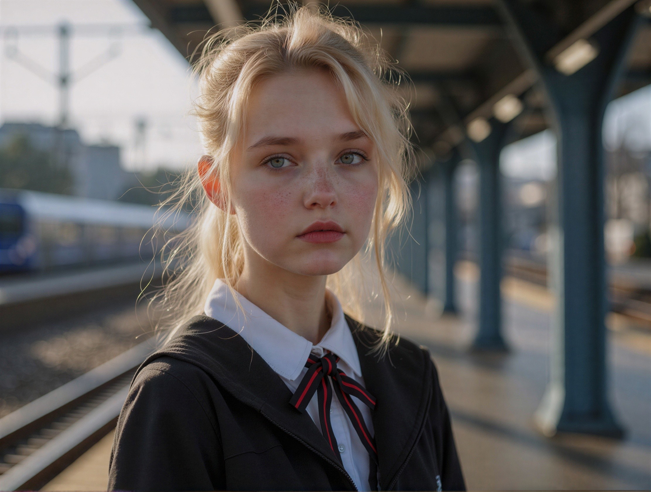 Young Woman with Blonde Hair on Train Platform
