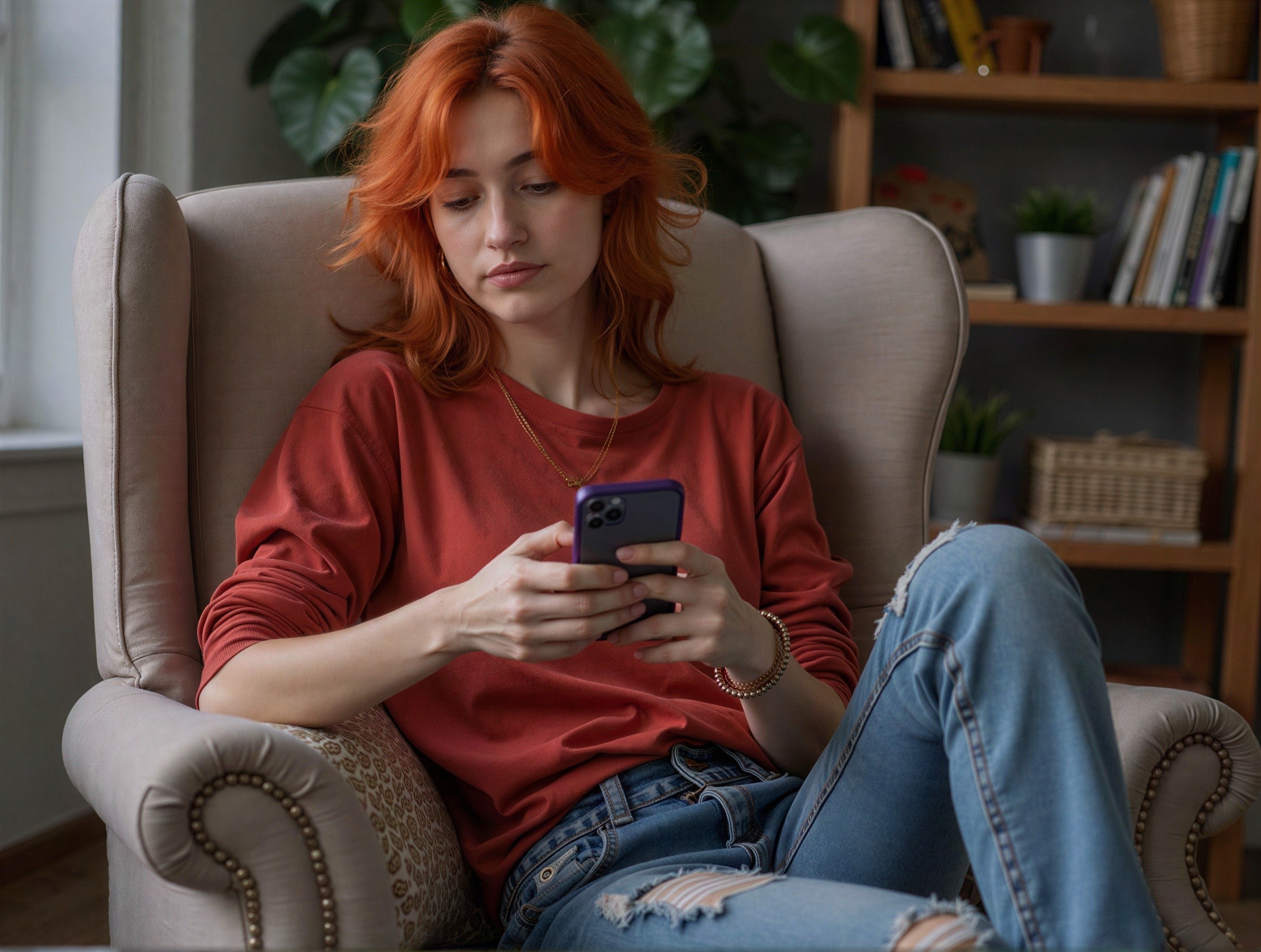 Young woman with ginger hair in casual attire sitting