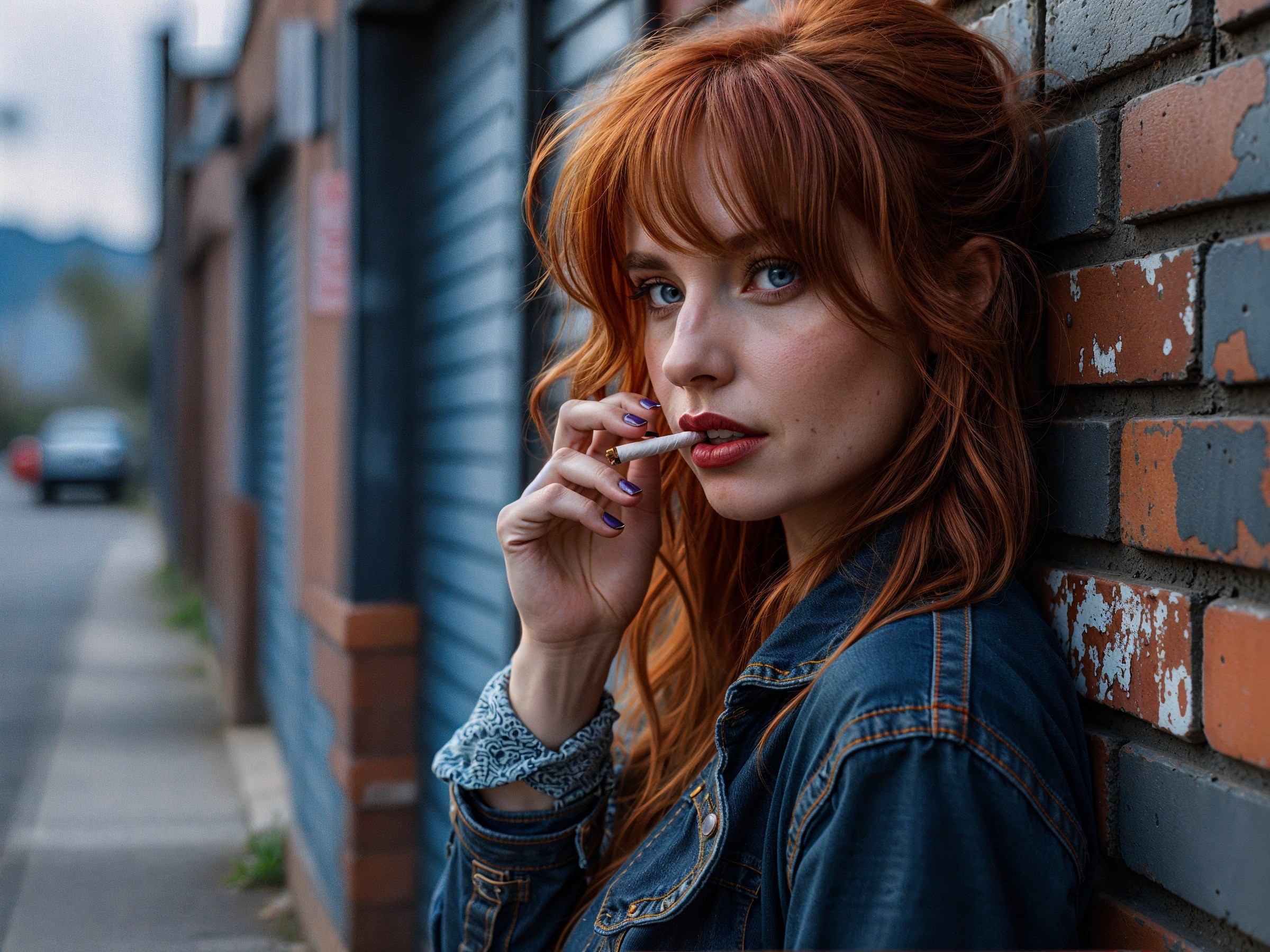 Young woman with red hair in urban setting