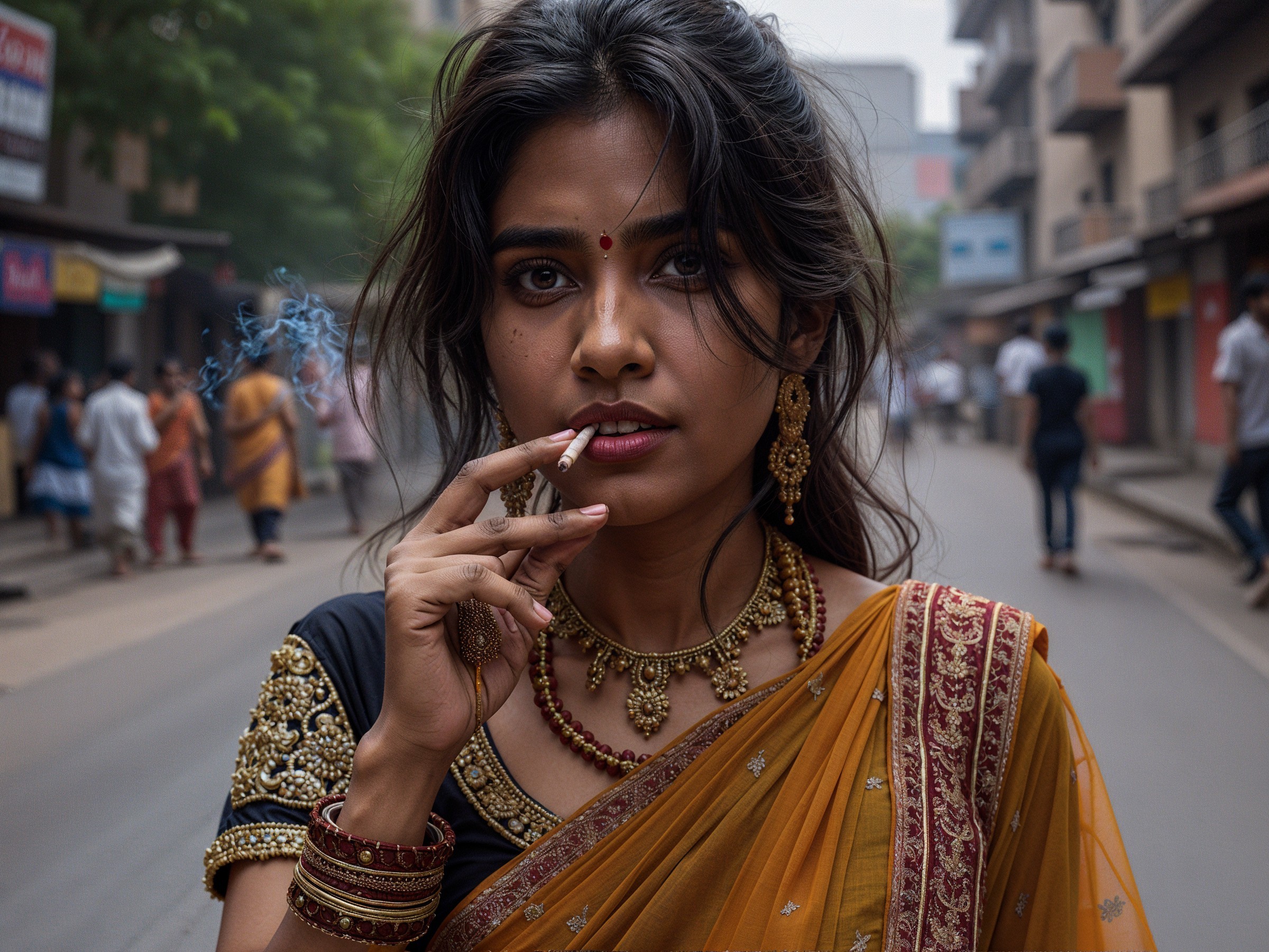 Young woman in vibrant saree on busy street