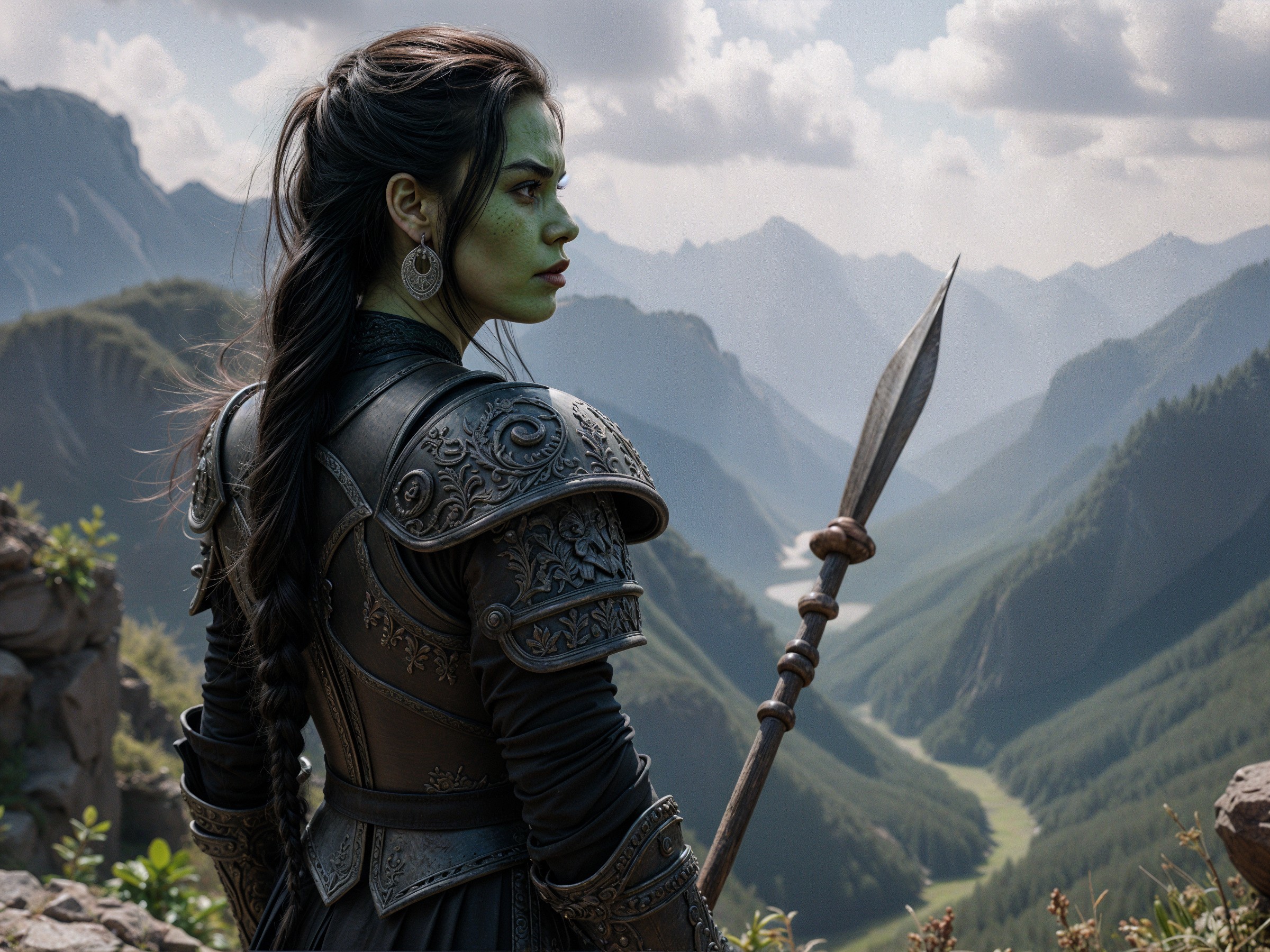 Fierce warrior on cliff with mountainous landscape view