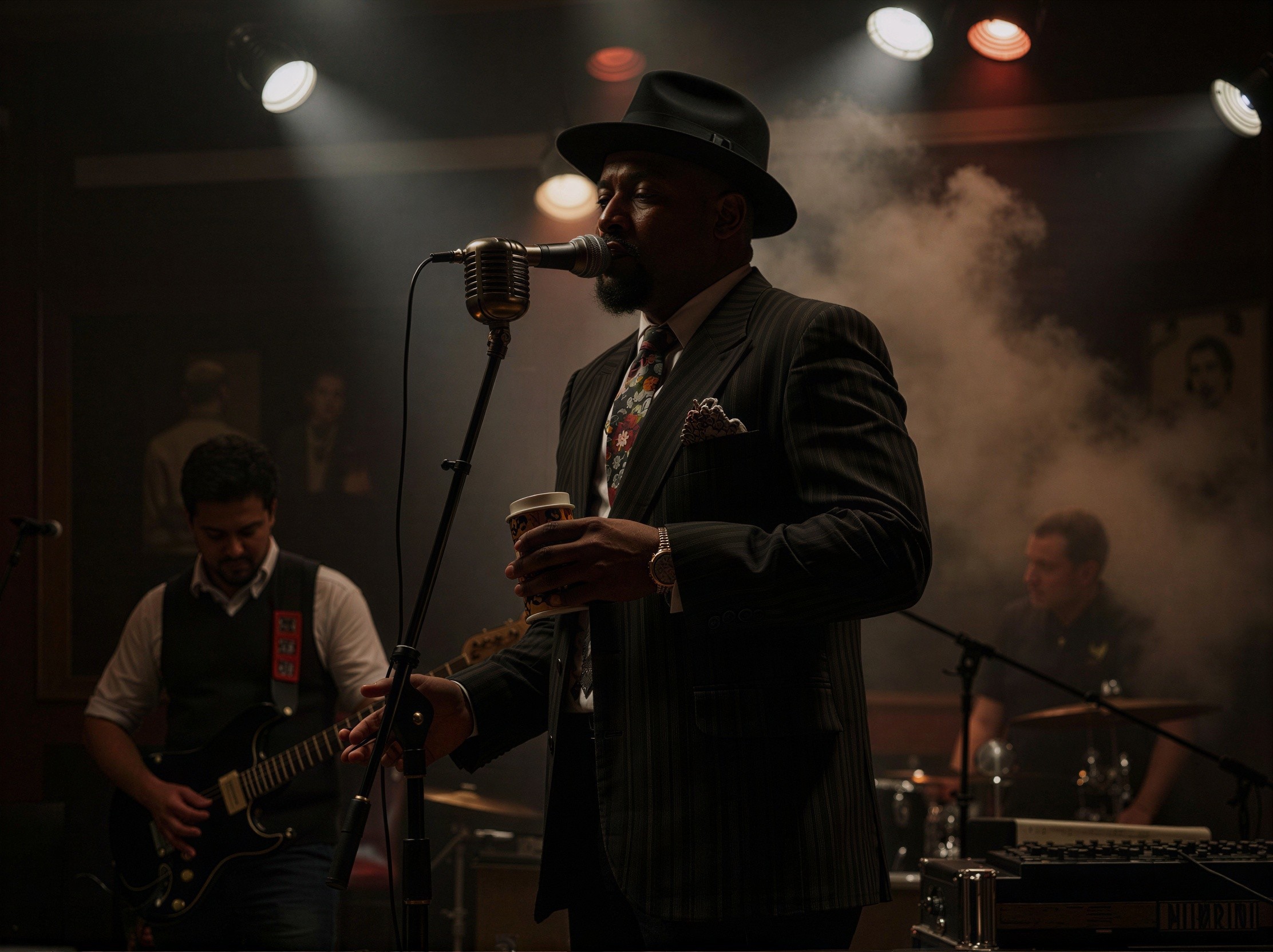 Black man in pinstripe suit singing on dimly lit stage