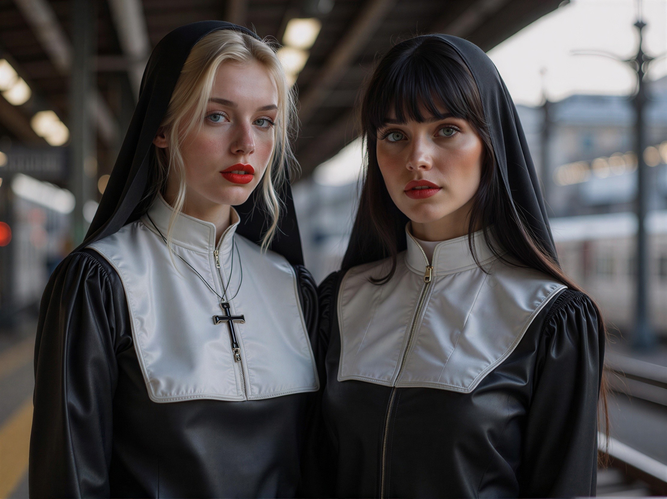 Young women in modern nun habits at train station